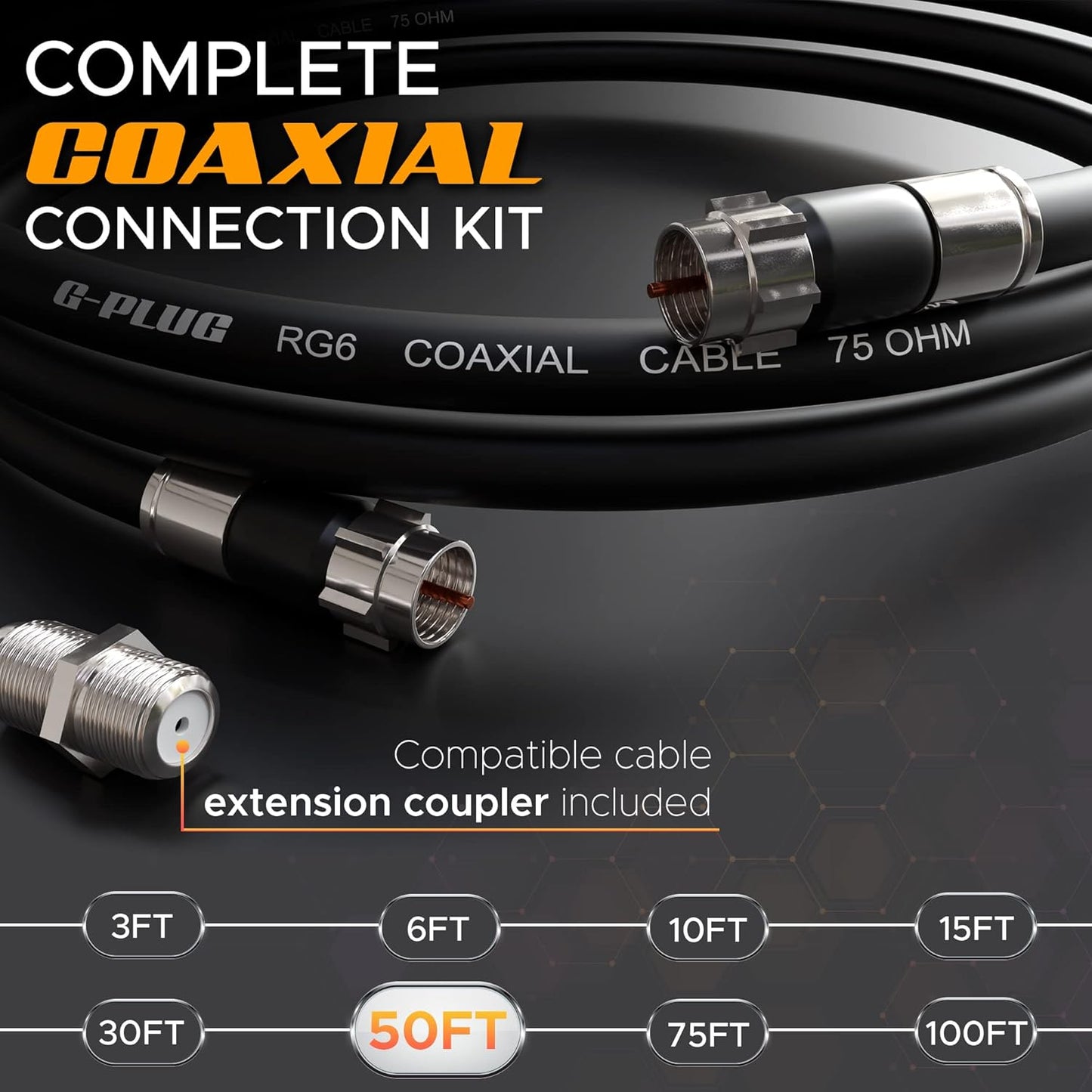 50FT RG6 Set G-PLUG Coaxial Cable Connectors - High-Speed Internet, Broadband and Digital TV Aerial, Satellite Sky