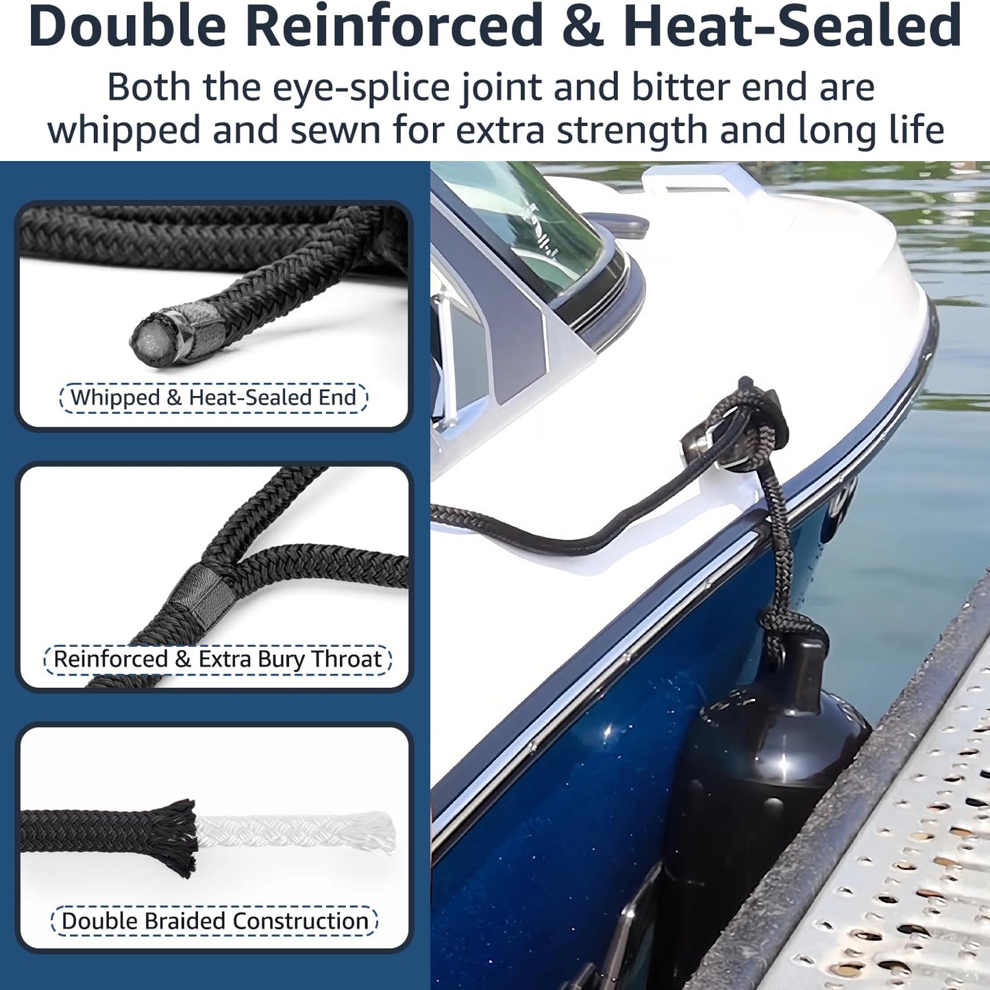 PACTHSD 4 Pack 1/2" x 6' Boat Fender Lines - Marine Grade Nylon Boat Rope with 10" Loop for Tying Fenders and Docking Small Boats - Double Braided Dock Lines, Easy Handling, Fray Resistant - Black
