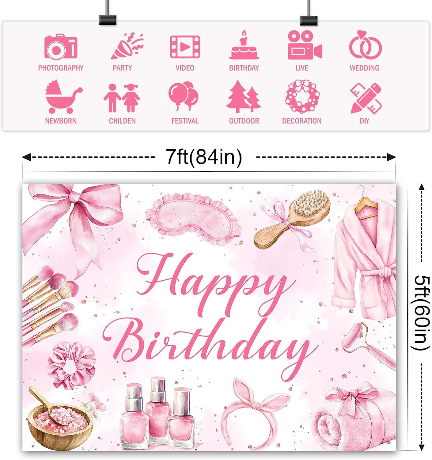 Bcuuipo 7x5ft Spa Party Happy Birthday Backdrop Pink Beauty Makeup Slumber Pajama Sleepover Background for Girls
