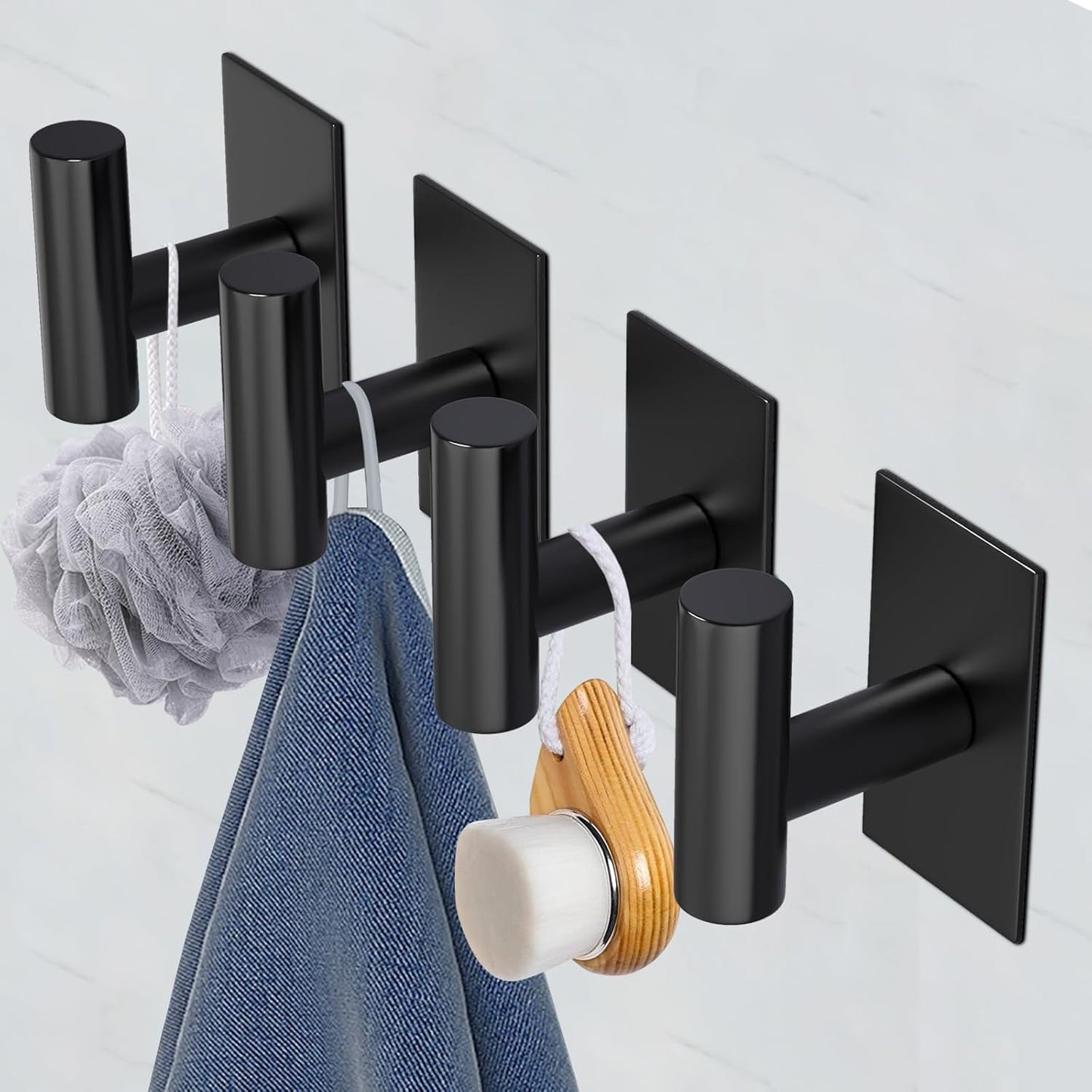 VAEHOLD Heavy-Duty Wall Towel Hooks - Waterproof Sticky Holders for Coats & Clothes | Black, 4 Pack
