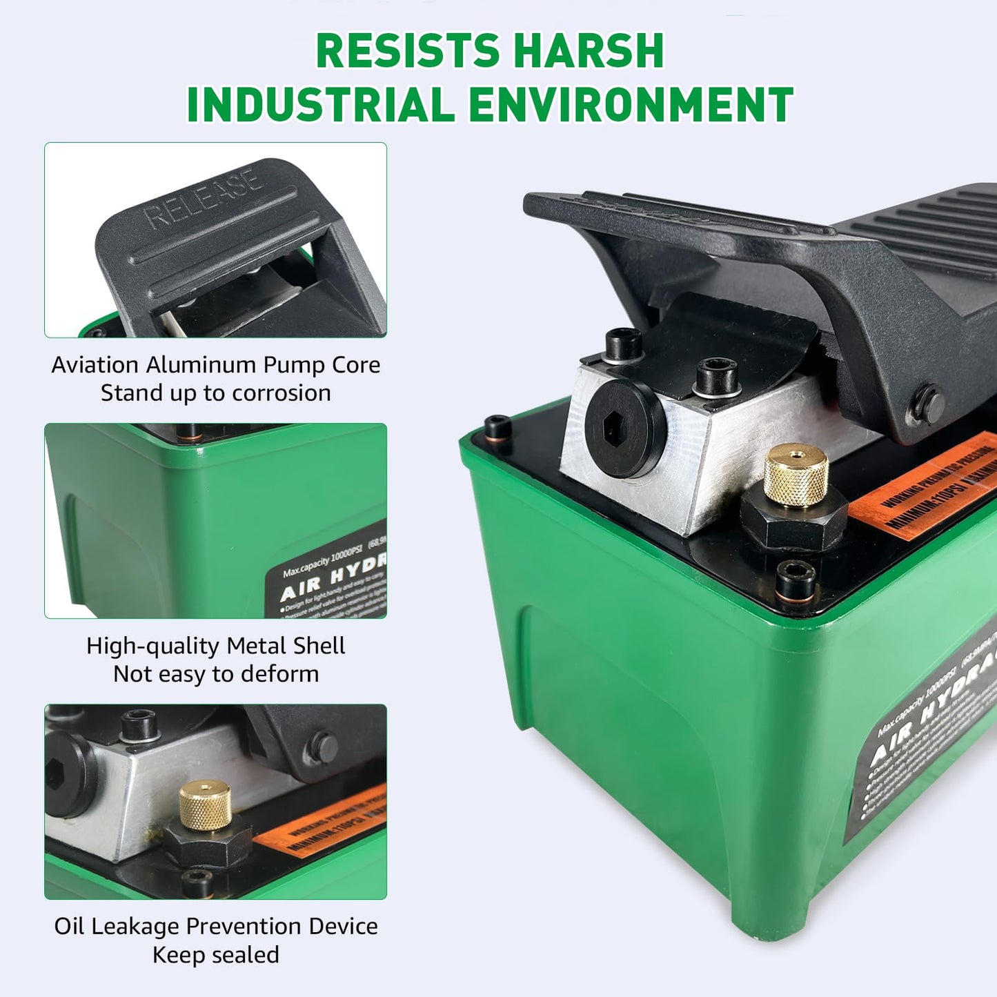 HYDRAULIC PRO 10,000 PSI Air Hydraulic Pump, 1.6L Reservoir, NPT 3/8" Oil Outlet, NPT 1/4" Inlet, Foot Pedal Operated, for Auto Body Frame Machines, Hydraulic Press, and Hole Punch, Green
