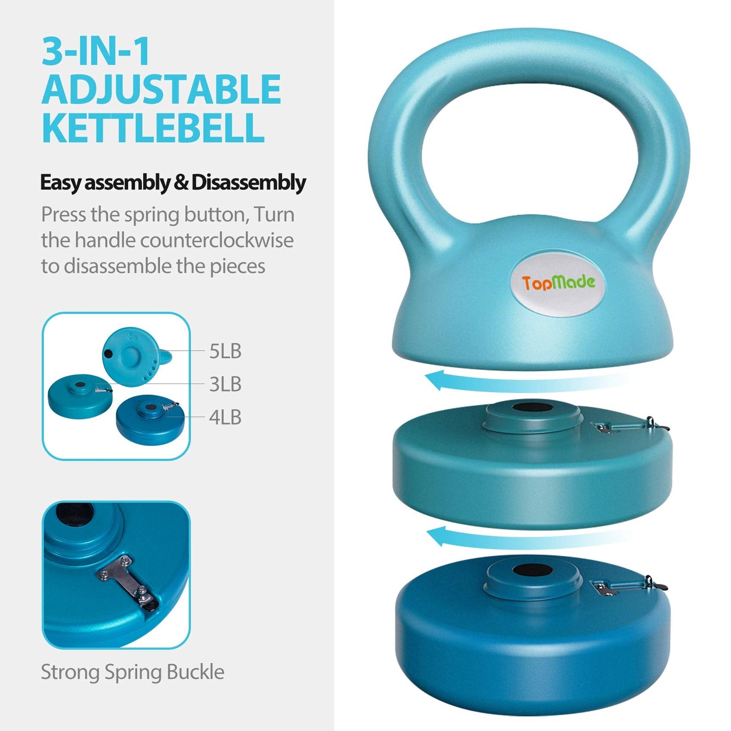TopMade Adjustable Kettlebell Weights Set Cast Iron Exercise Fitness Kettle Ball Grip 5, 8, 9,12lb Free Weight Men Women Kettlebells for Home Gym Workout Ballistic, Core,Strength Training