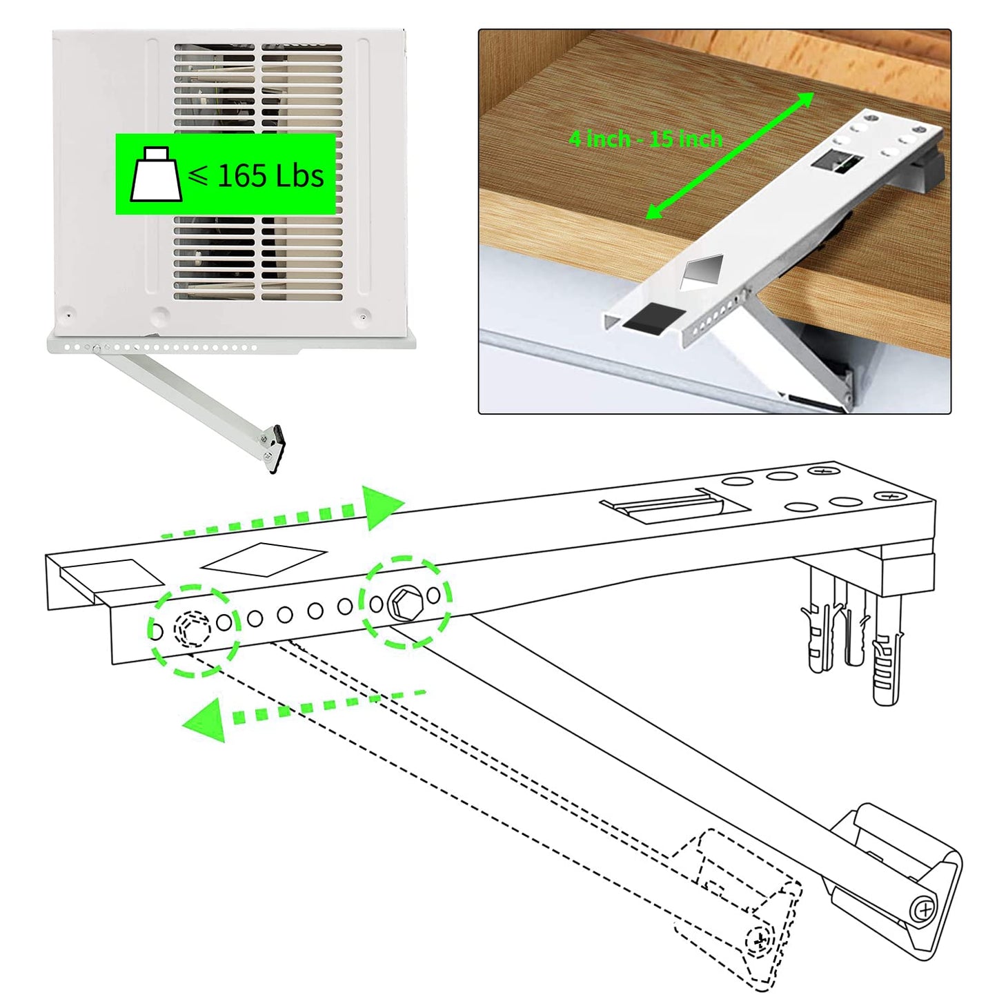 Aozzy Window Air Conditioner Bracket- Universal AC Support Bracket Heavy Duty, Support Up to 165 lbs, Designed for 9000-22000 BTU A/C Units–AC Holder Fits Single Or Double Hung Windows