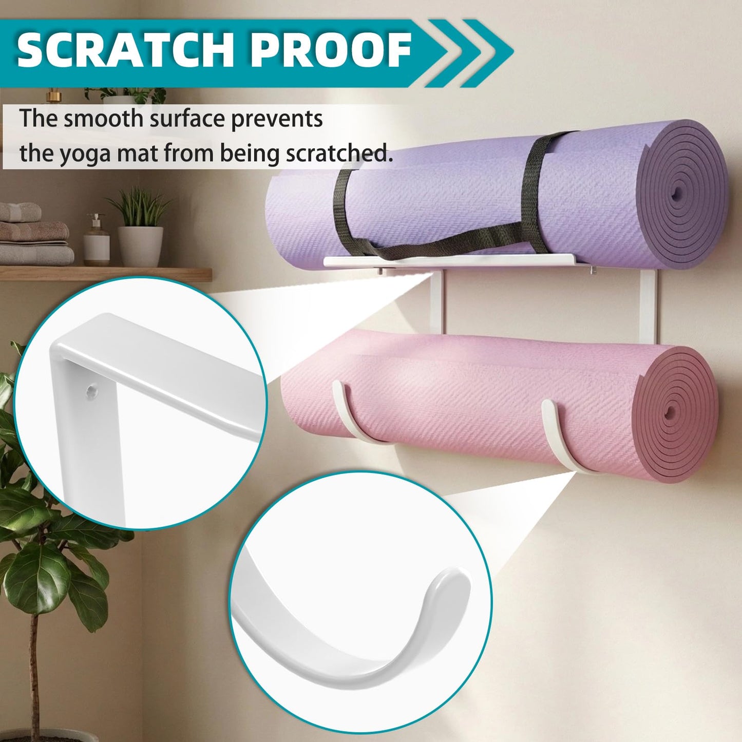 Yoga Mat Holder Wall Mount, No-Tie Mat Storage, Exercise Mat Storage Rack with Top Floating Shelf, Holding Yoga Blocks/Rollers and Pilates Mat, Workout Mat, Home Gym Equipment Accessories