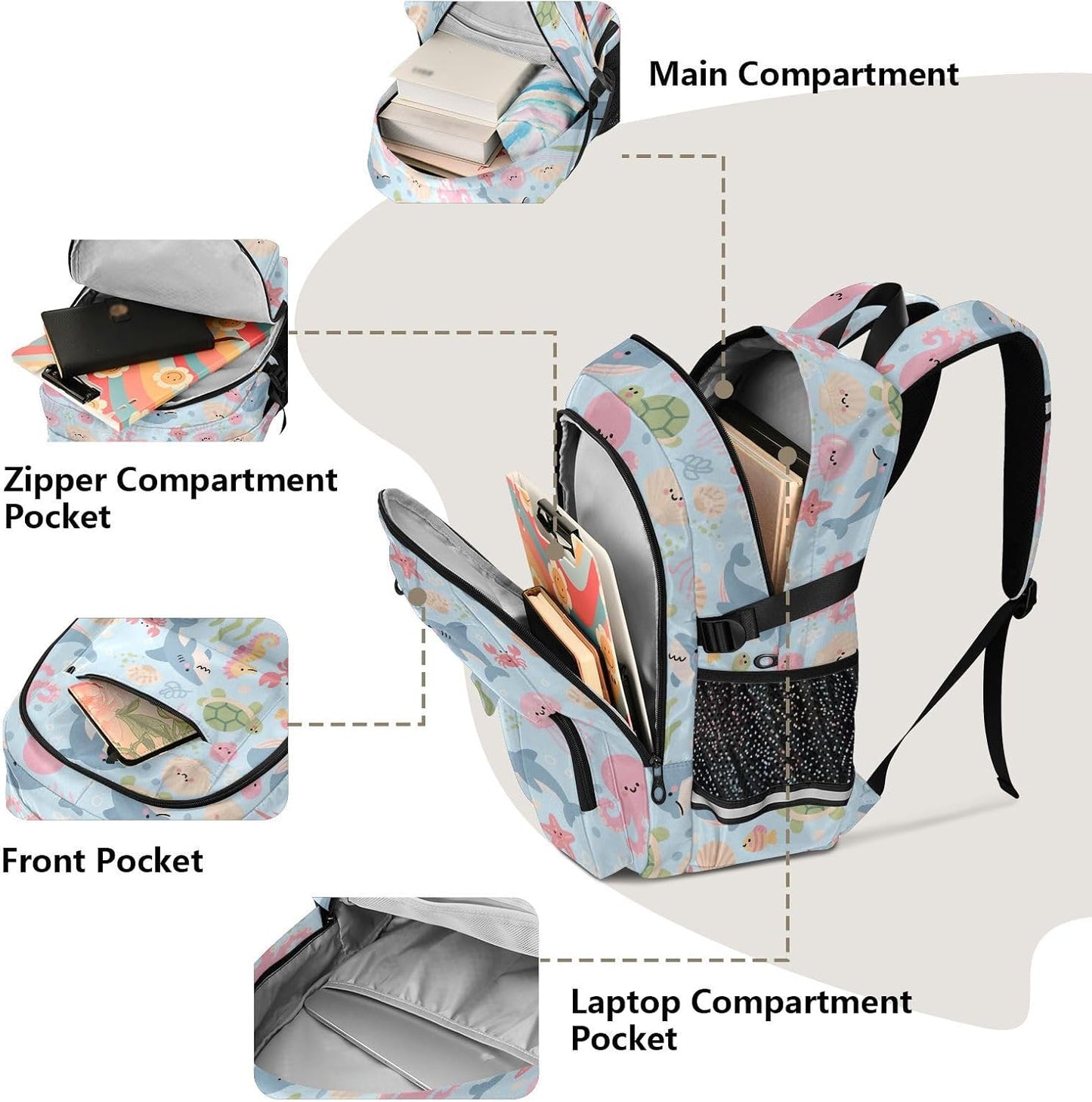 Backpack Backpack Daypack ALAZA School for Teen Girls Boys Ocean Crab Turtle Shells Kids Purse College Laptop Bookbag