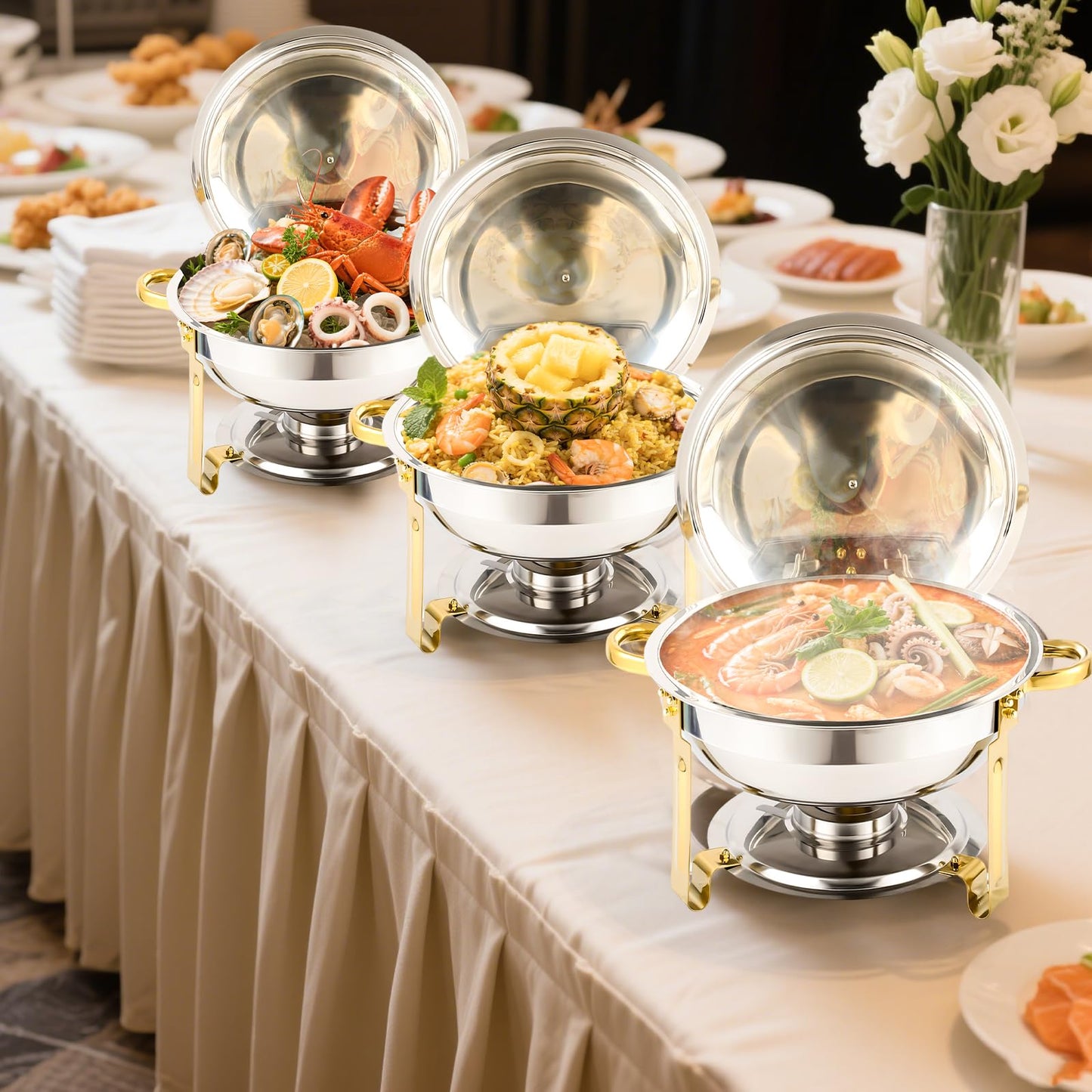 Non-Tarnish Gold Chafing Dishes for Buffet 4 Pack, 5QT Luxury Buffet Set - Scratch-Resistant & Easy-Clean Finish, Sturdy Stainless Steel Food Warmers for Catering Events and Parties