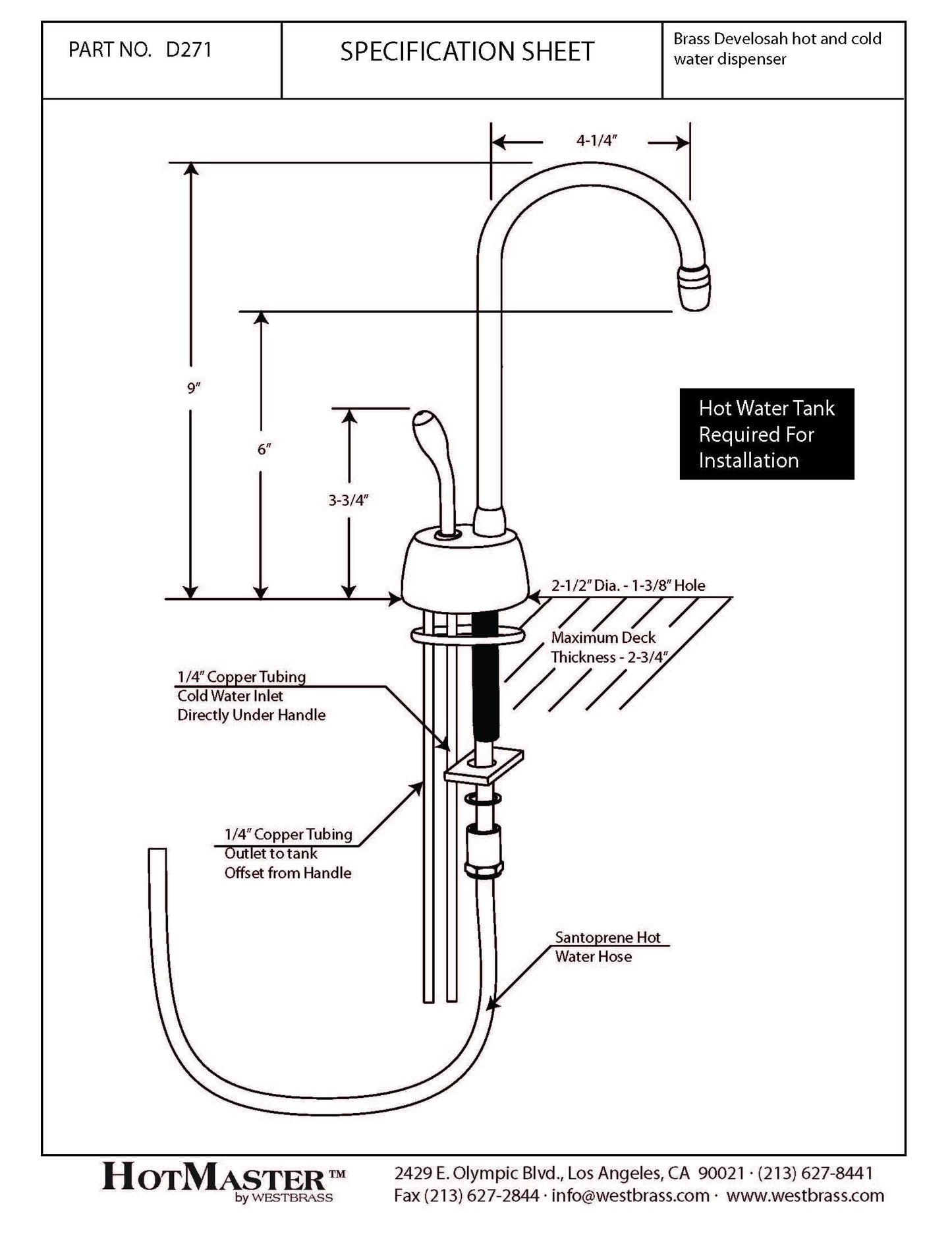 Westbrass D271-NL-07 Velosah 9" 1-Handle Hot Water Dispenser Faucet (Tank sold separately), Satin Nickel