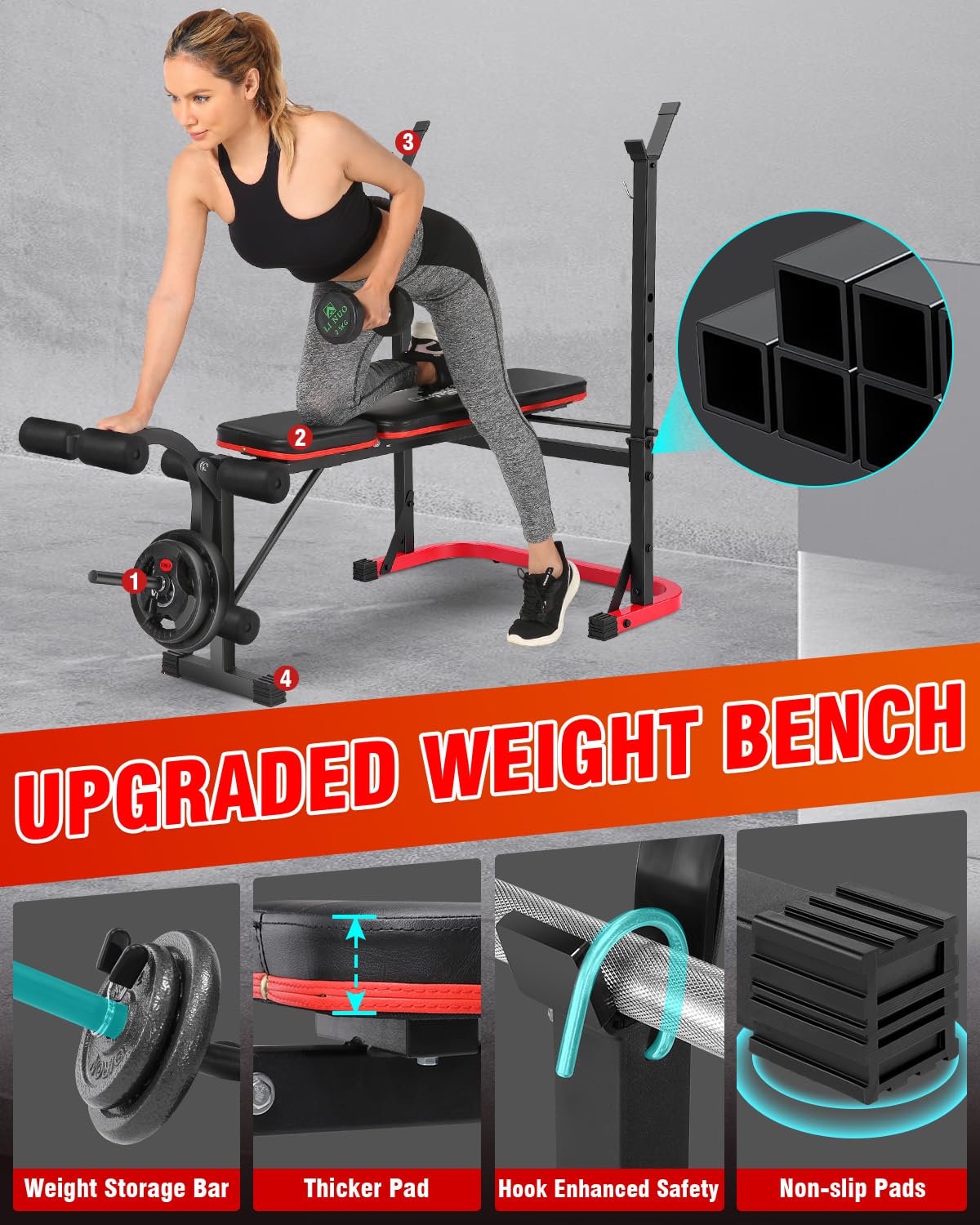 OPPSDECOR 6 in 1 Weight Bench Set with Leg Extension and Leg Curl, 660 LBS Adjustable Bench Press Set with Preacher Curl Pad, Foldable Workout Bench for Home Gym, Strength Training for Teens/Adults (Maroon)