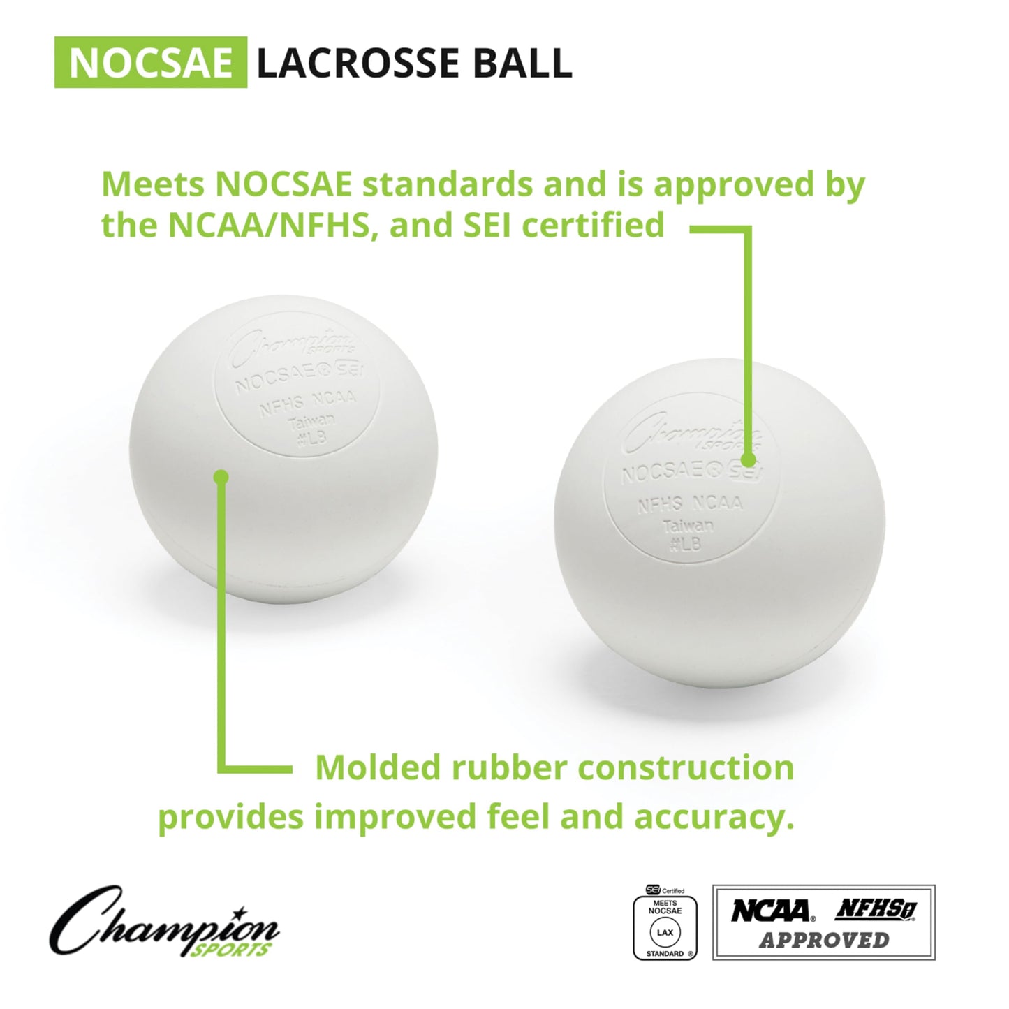 Champion Sports Lacrosse Balls – Official Size Equipment for Professional, College & High School Games, Practices & Recreation, NOCSAE, NCAA, NFHS & SEI Certified, 12-Pack, White