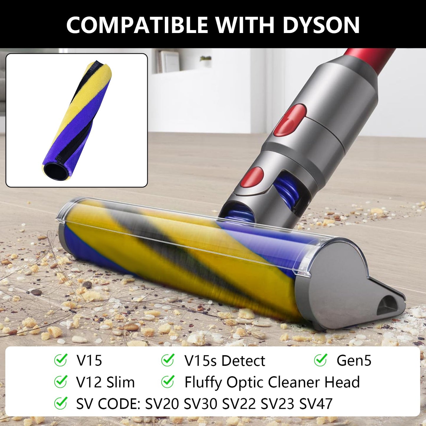 Yivy for Dyson V15/V15s Detect/Gen5/V12 Slim - Fluffy Roller Brush Soft Floor Brush, No.971634-01
