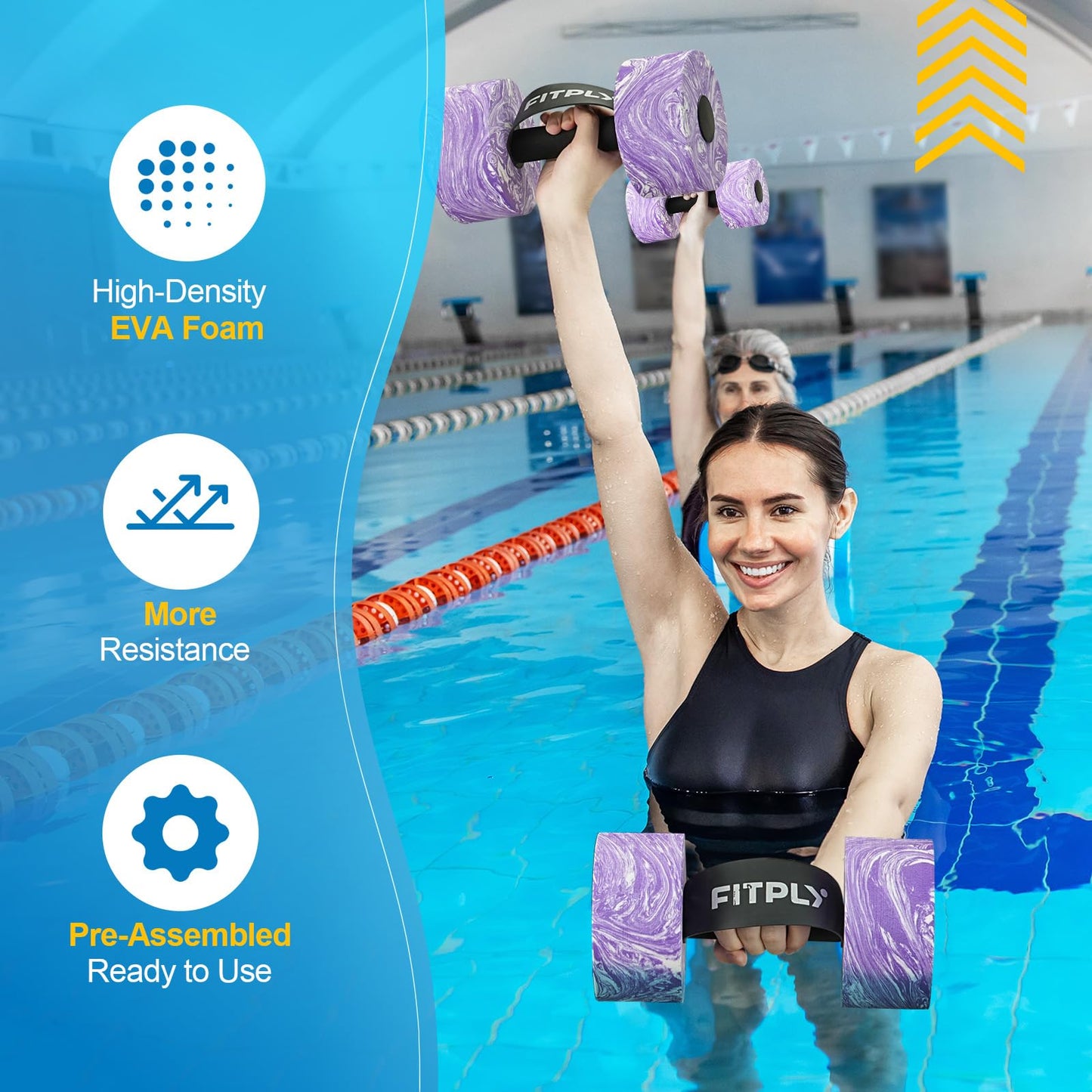 fitply Water Weights Aquatic Pool Dumbbells for Swimming Exercise - EVA Foam Swim Pool Weights with Handle Strip, 2PCS Lightweight Water Dumbbells, Aerobics Swimming Exercise Equipment