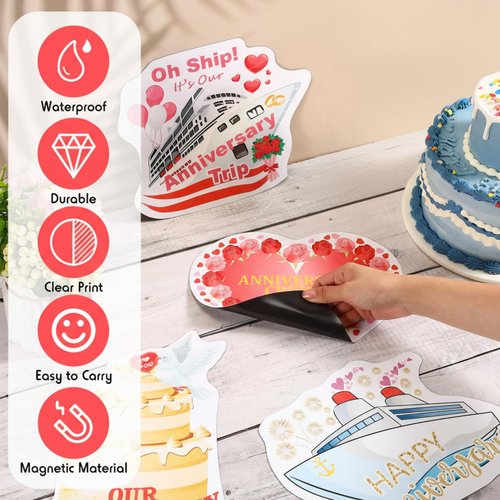 Hoteam 4 Pcs Anniversary Cruise Door Decorations Magnetic Large Happy Anniversary Cruise Ship Door Magnets Funny Waterproof Nautical Magnets for Carnival Cabin Stateroom Fridge Car