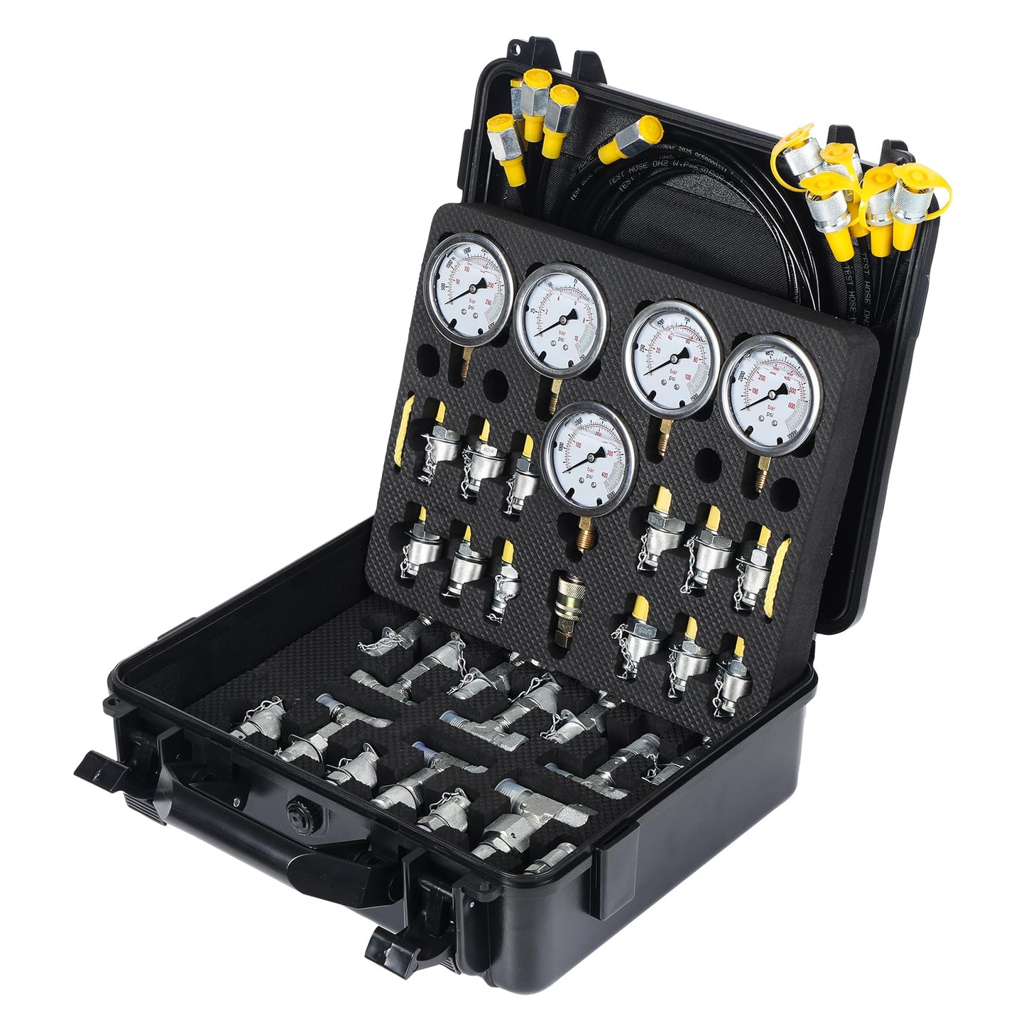 Hydraulic Pressure Test Kit with 5 Gauges up to 10000 PSI 10–600 Bar, 13 Couplings 14 Tee Connectors and 5 Hoses, Hydraulic Tester for Excavators Loaders and Construction Equipment
