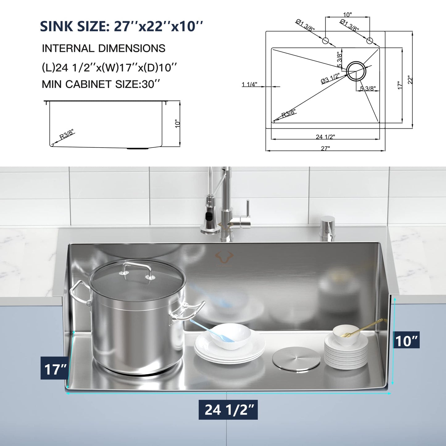 Kitchen Sink 27 x 22 inch Drop-In Top Mount 16 Gauge Tight Radius Single Bowl 2-Hole Stainless Steel Kitchen Sink and Accessories (Pack of 4)