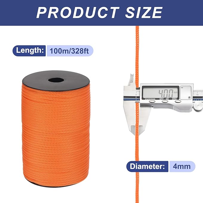 MECCANIXITY 5/32 Inch Polypropylene Rope Braided Ropes, 328ft Camping Rope Hollow Utility Cord for Clothesline, Hiking, Outdoor, Dark Orange