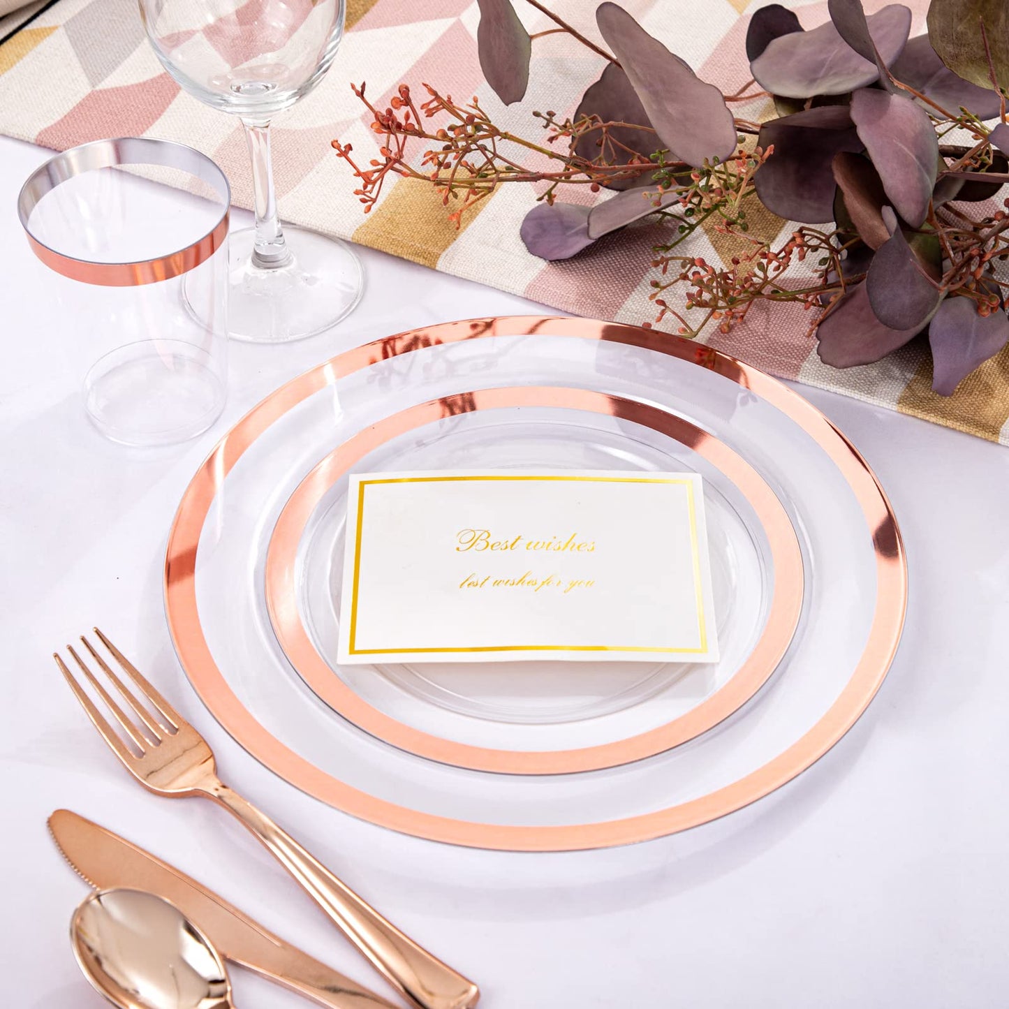 YOUBET 175PCS Rose Gold Plastic Plates - Clear Plastic Plates Disposable with Rose Gold Rim includes 50 Plates, 25Forks, 25Knives, 25Spoons, 25Cups, 25Napkins for Party & Wedding