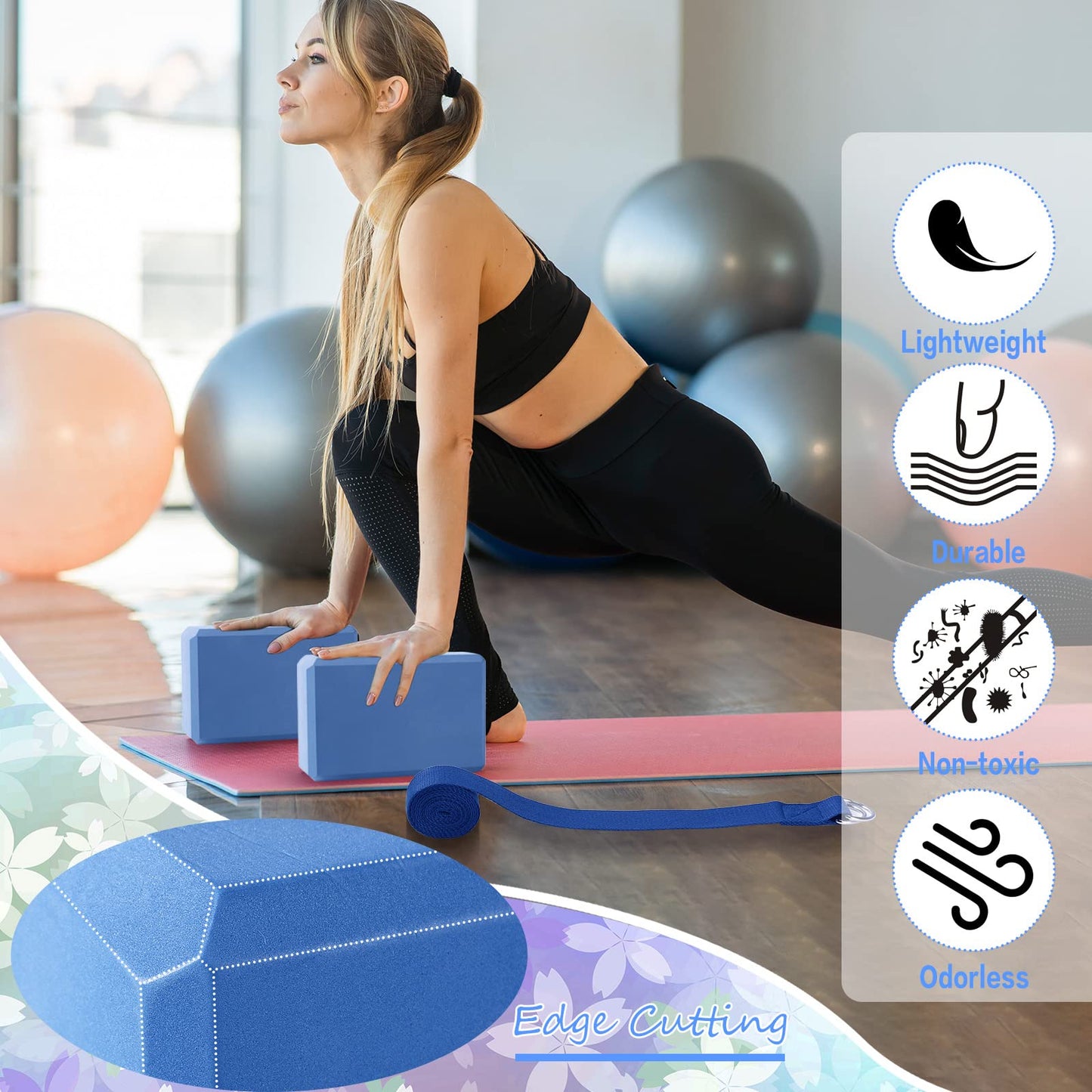 Outus 20 Pack Yoga Blocks and Straps Non-Slip EVA Foam Blocks with Metal D Ring Straps for Gym Exercise and Workout(Blue)