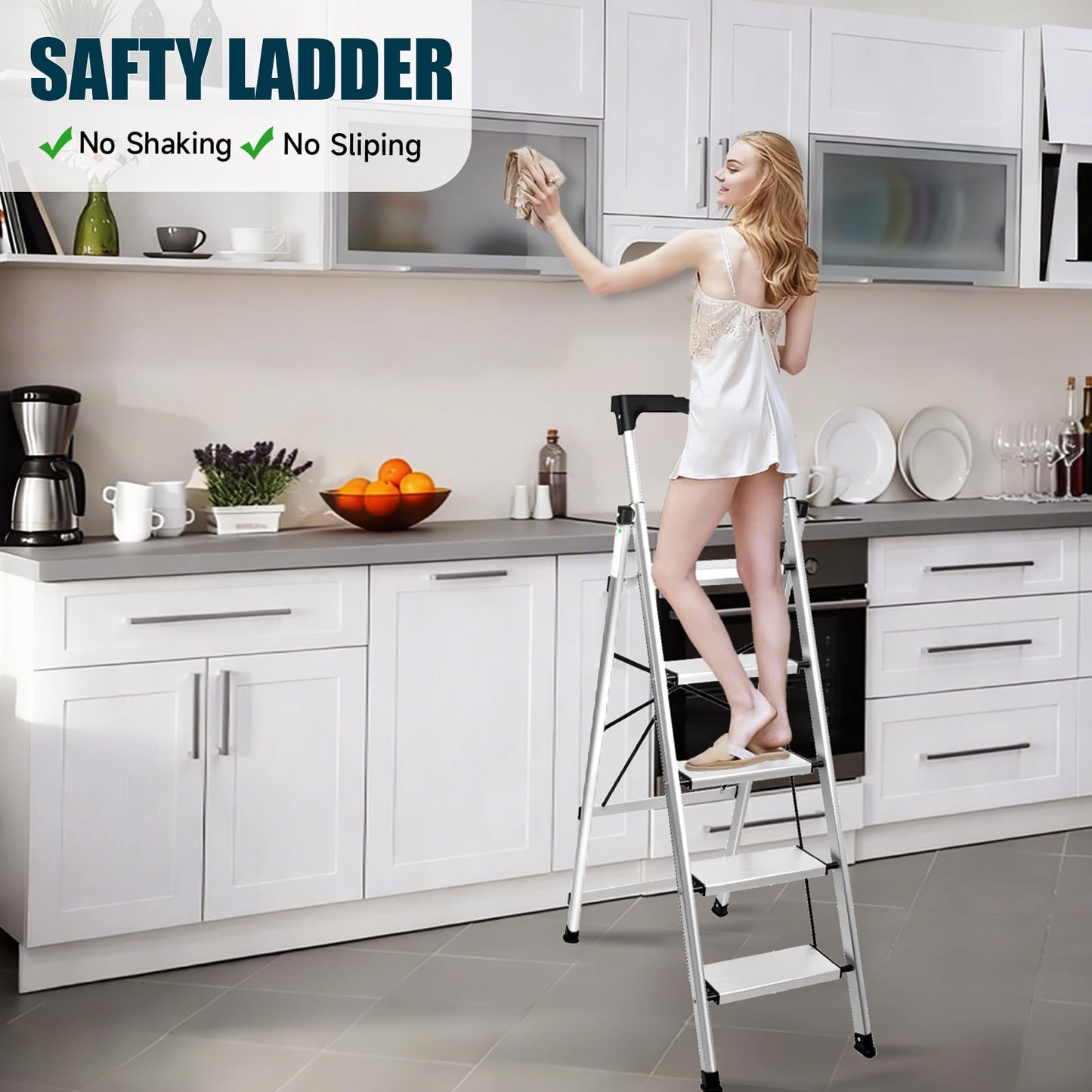Valeo Aluminium 5 Step Ladder with Retractable Handgrip,Anti-Slip Pedal,330 lbs Capacity,Folding Step Stool for Kitchen, Garage, Home, Space Saving, Sturdy and Portable, Silver