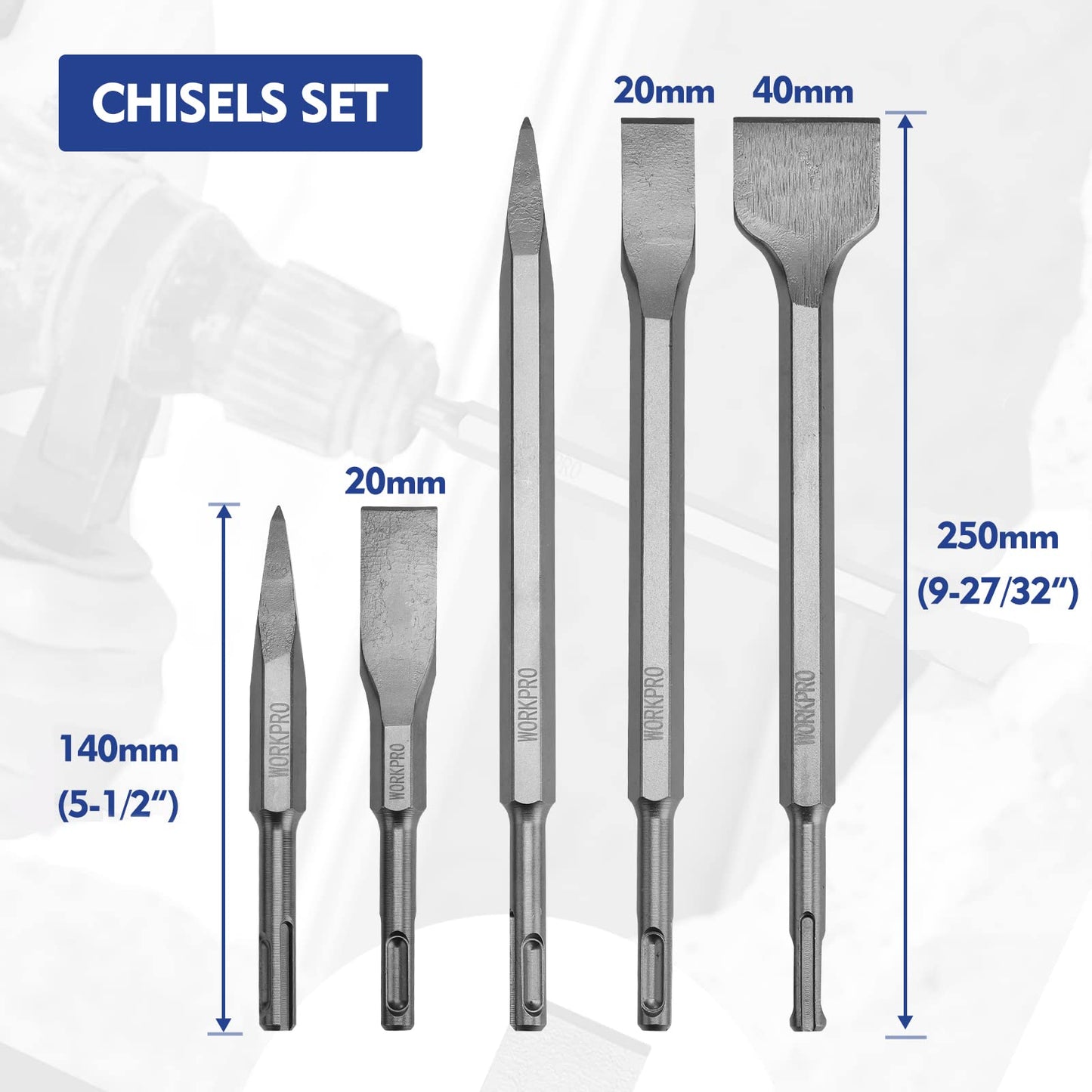 WORKPRO 17-Piece SDS-Plus Rotary Hammer Drill Bits and Chisel Set, Carbide-Tipped Masonry Drill Bits and Chisels for Concrete, Stone, Brick, with Storage Case