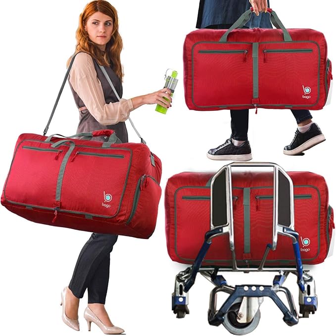 Bago Large Foldable Duffel Bags for Traveling Women & Men - 100L Packable Duffle Bag for Travel with Shoe Compartment - Water Repellant, Heavy Duty, Lightweight Folding & Collapsible (Red)