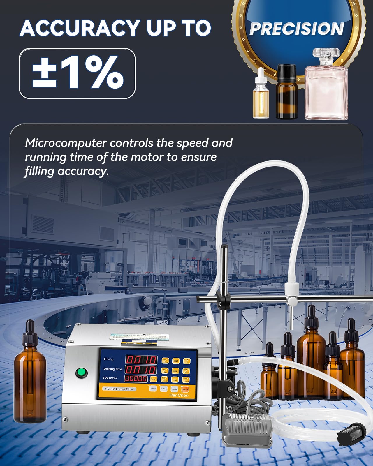 Hanchen Liquid Filling Machine Peristaltic Pump 5 Oz Automatic Bottle Filler Digital Control Cosmetic Oil Filler for Perfume, Water, Juice, Thick Eessential Oil (1 Head)
