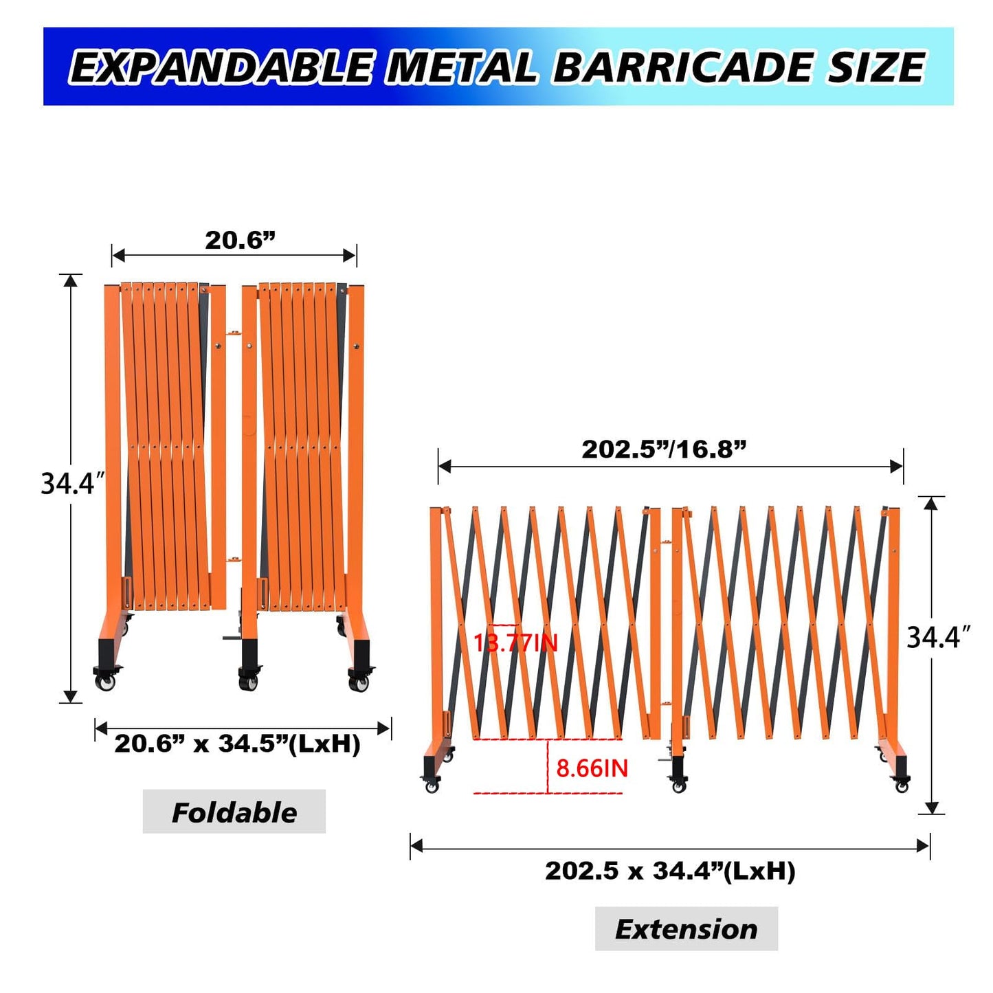 1 Set 16.8FT Industrial Metal Expandable Barricade，Retractable Traffic Fence with Casters, 270° Folding Security Gate, Portable Barricade Gate for Construction Area, Traffic Control, Cordon