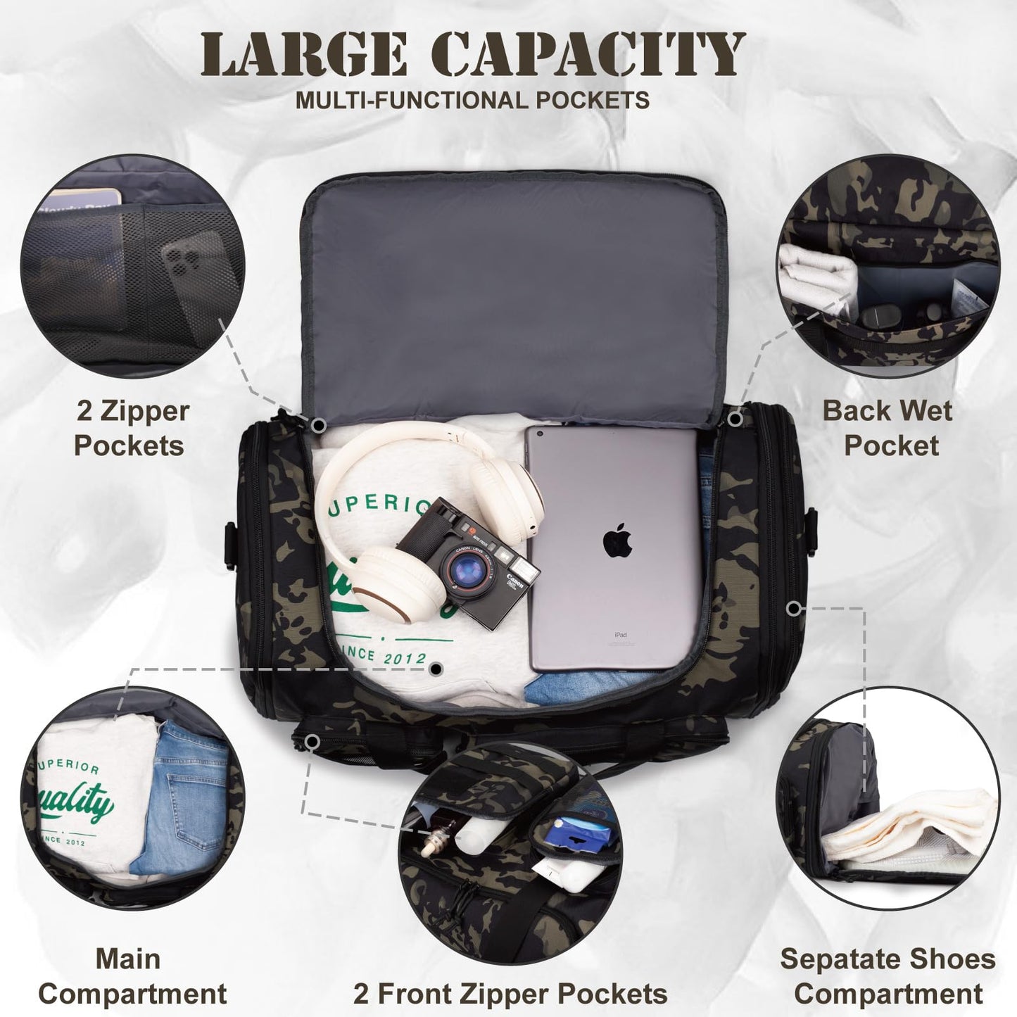 Tactical Duffle Bag For Travel Expandable 52L Large Duffle Bag For Men Gym Duffel With Wet Pocket Multi-Functional Carry On Bags Weekender Overnight Bag Organizer Duffel Bag For Travel