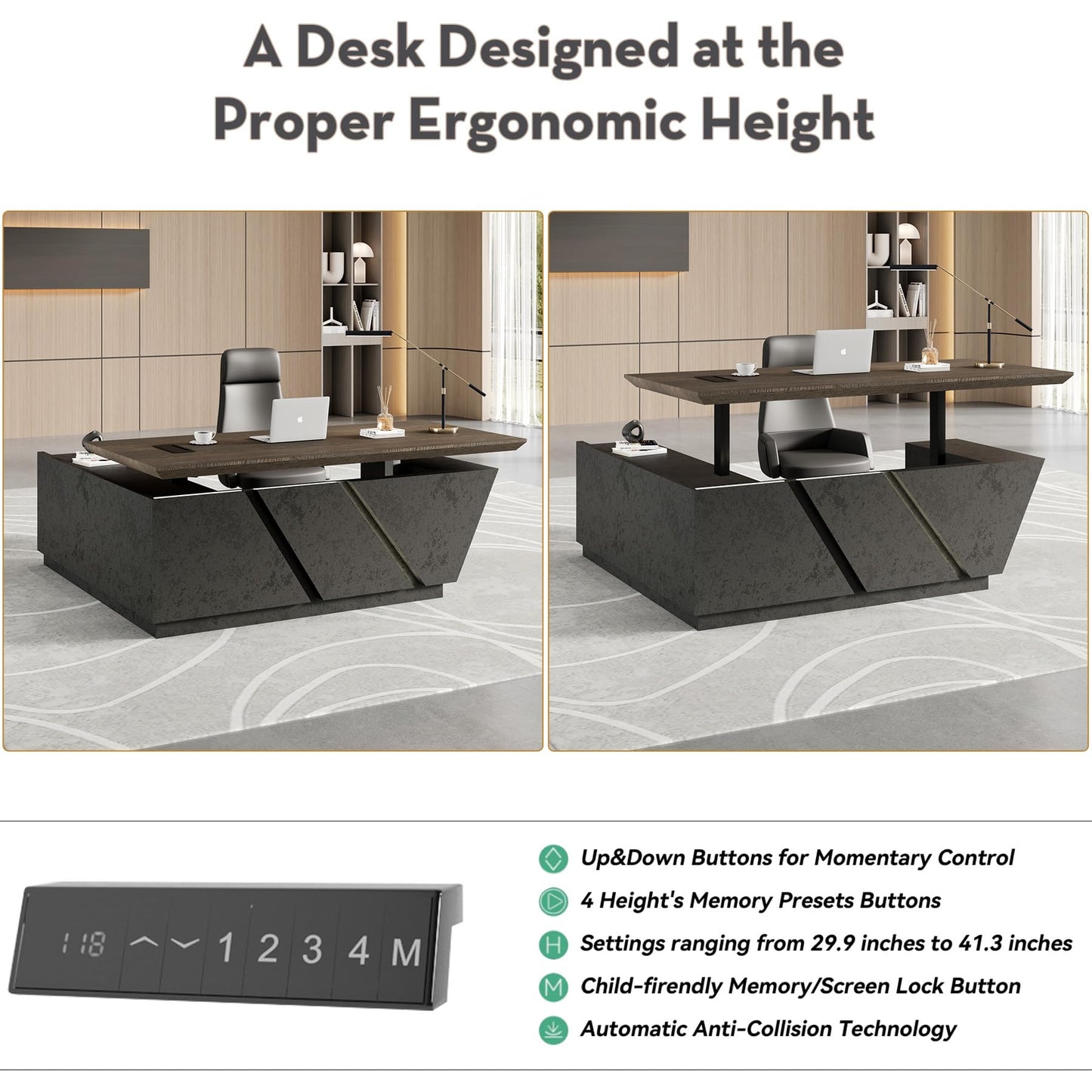 SAINTCY 94.5in Adjustable Executive Desk - Luxury L Shaped Desk with Drawers, Large Table with File Cabinets, Executive Office Desks with LED Light Strip Home Office Desk for Professionals