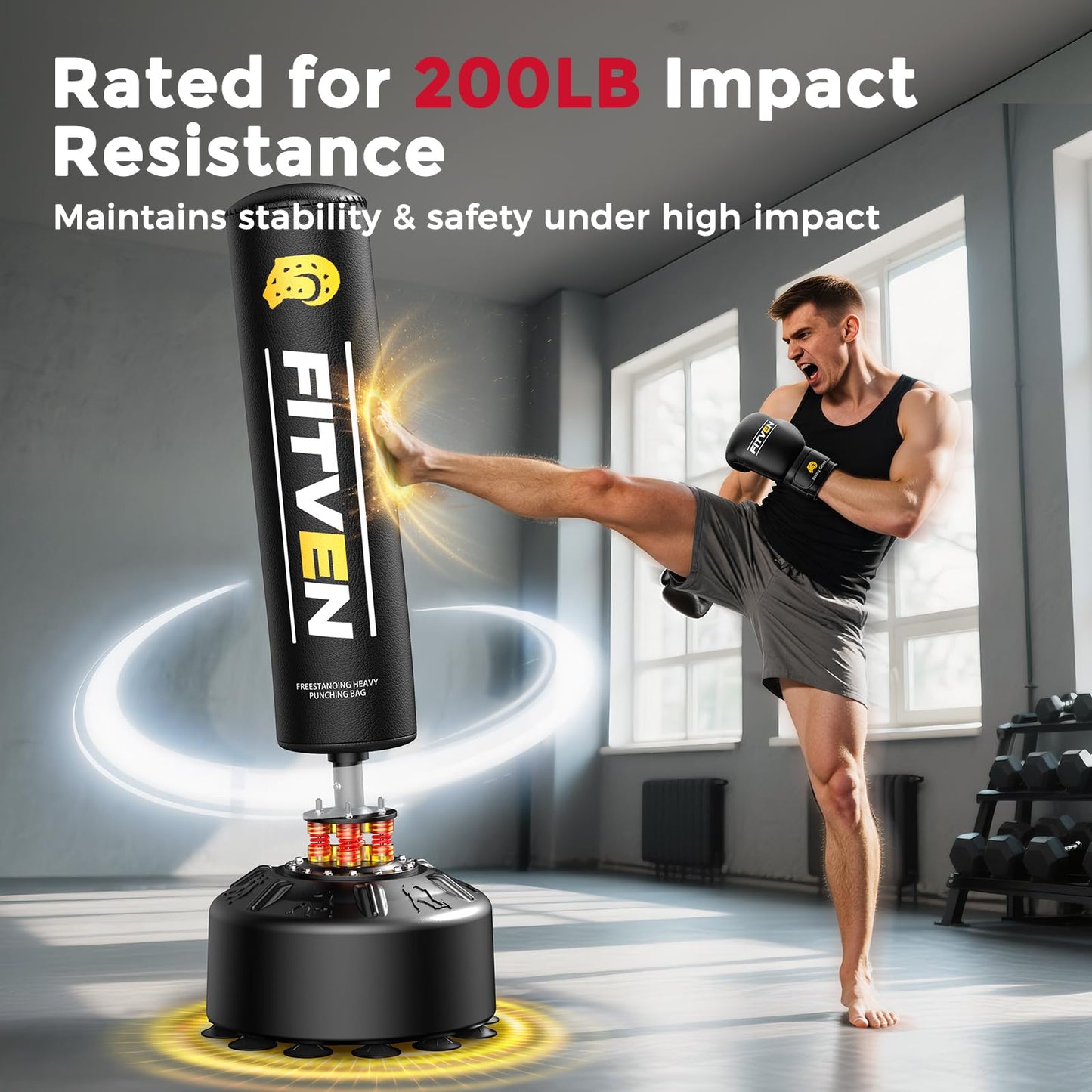 FITVEN Freestanding Punching Bag 70''-190lbs with Boxing Gloves Heavy Boxing Bag with Suction Cup Base - Men Stand Kickboxing Bag for Home Office