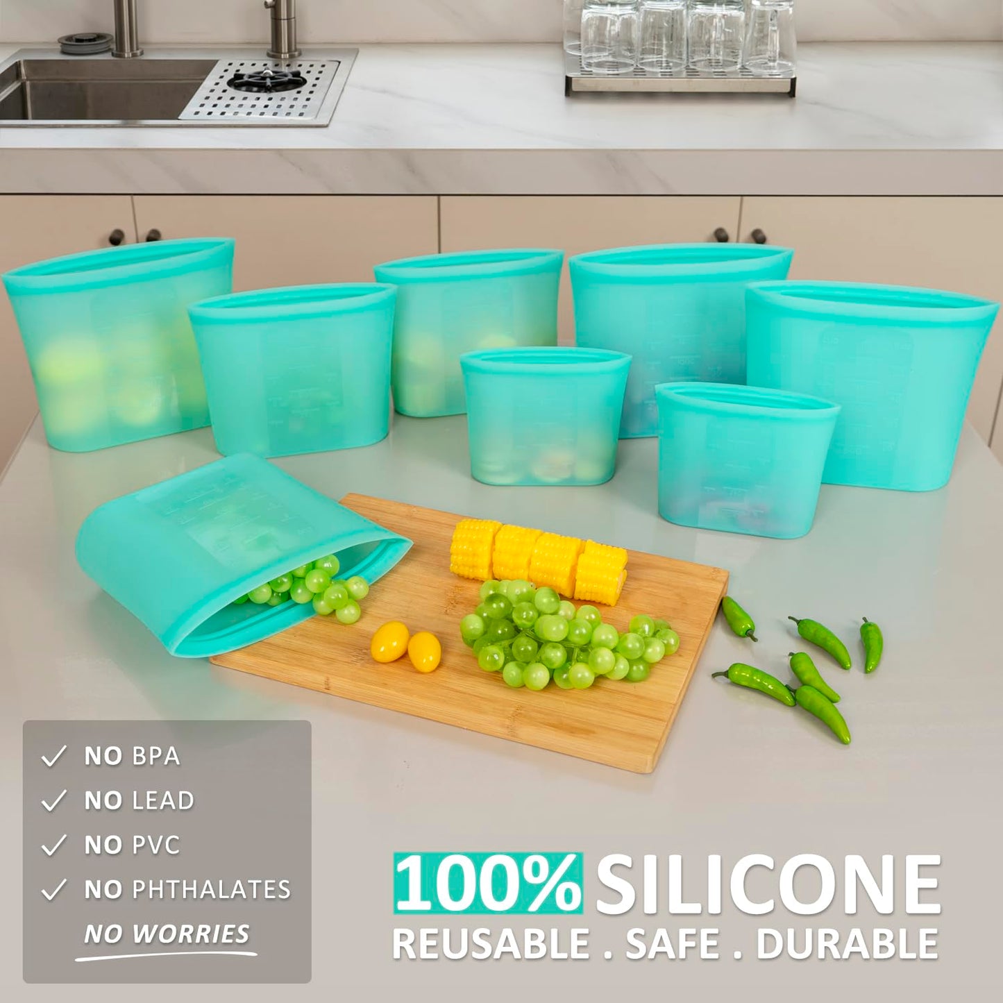 Annaklin Reusable Food Bags, 8 Pack 100% Silicone Food Storage Bags Stand Up Zip Lock Container, Freezer Microwave Oven Dishwasher Safe, 4 Medium 2 Small 2 Extra Small, Aqua