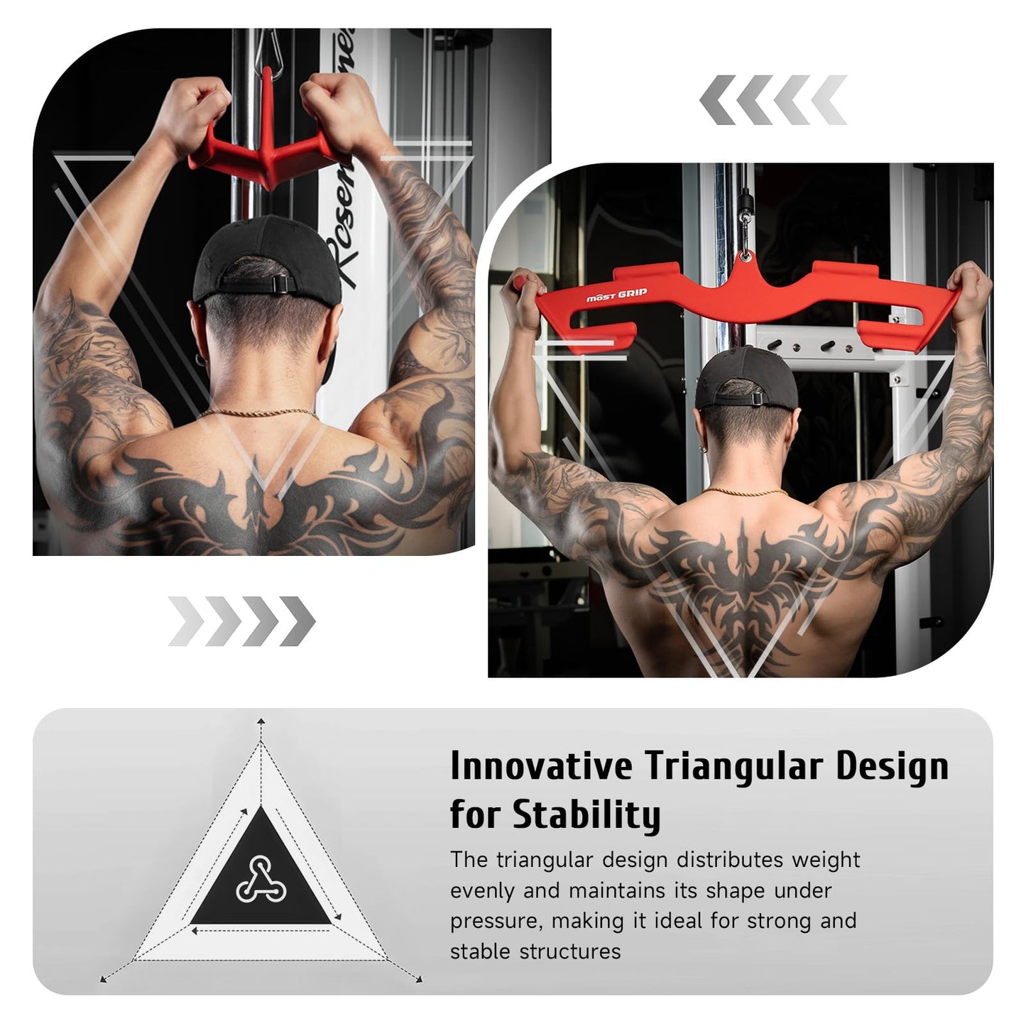 MOST GRIP LAT Pull Down Bars Set, Triangular Stability LAT Pulldown Attachments with 8 Ergonomic Handles for Whole Back Training, Non-Slip Cable Machine Attachment for Gym Home Workout