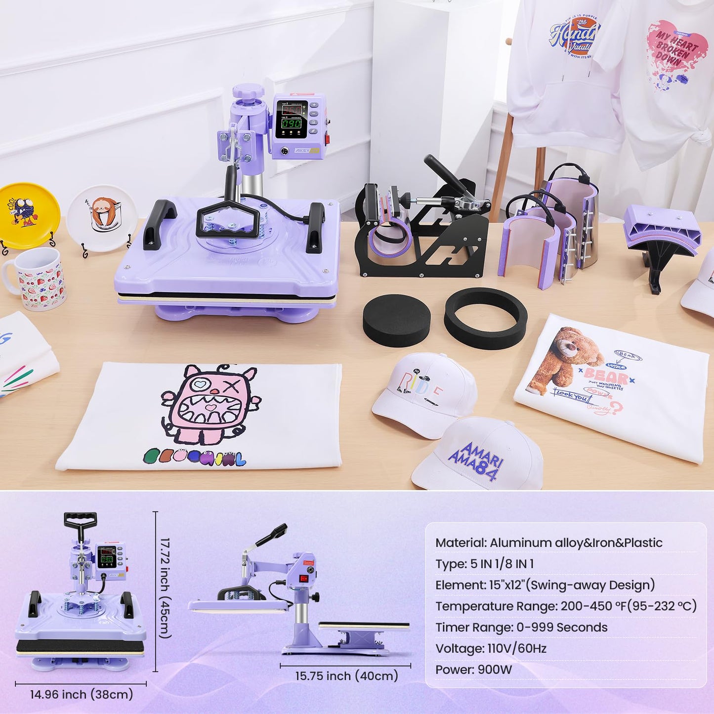 AKEYDIY Upgraded Heat Press Machine 8 in 1 Combo,Digital Multifunction Shirt Press Machine for T Shirts12 X15 Sublimation Machine 360-Degree Swing Away Dual-Tube Heating for DIY T-Shirts Cap & Mugs