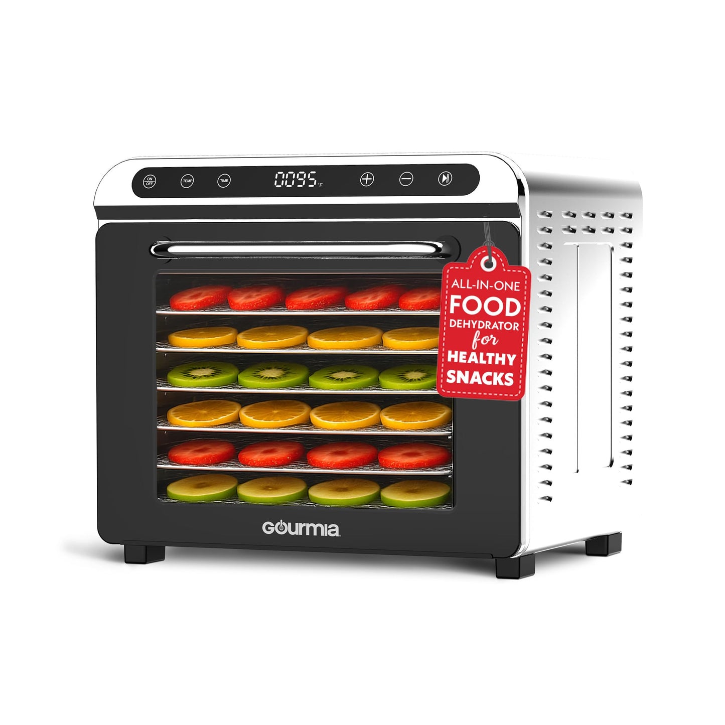 Gourmia 8 Tray Digital Food Dehydrator - 360° Airflow, 30 Minute–24 Hour Timer, Glass Door, Jerky, Fruits, Veggies & More, 95°F–185°F, 625W, Stainless Steel