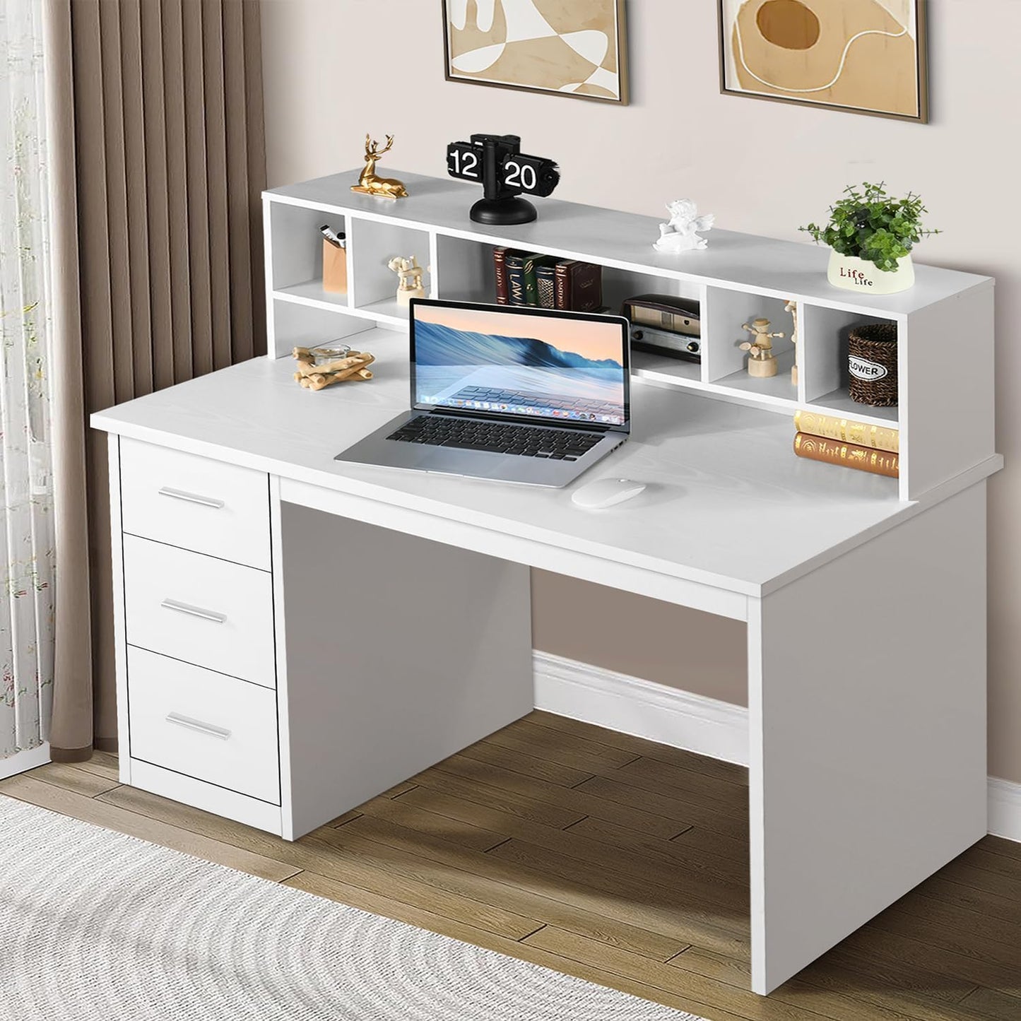 MaverickFurni White Desk with Drawers, 46" Home Office Desk with Hutch and Storage, Small Desk with 3 Drawers for Bedroom, White