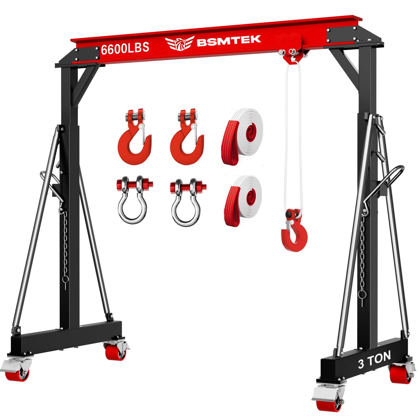 BSMTEK 3 Ton Gantry Crane MAX6600LBS, Adjustable Height (8.53-12.47 FT), Width (8.53 FT), Steel I-Beam Construction, Portable Shop Hoist for Factories, Warehouses, Red