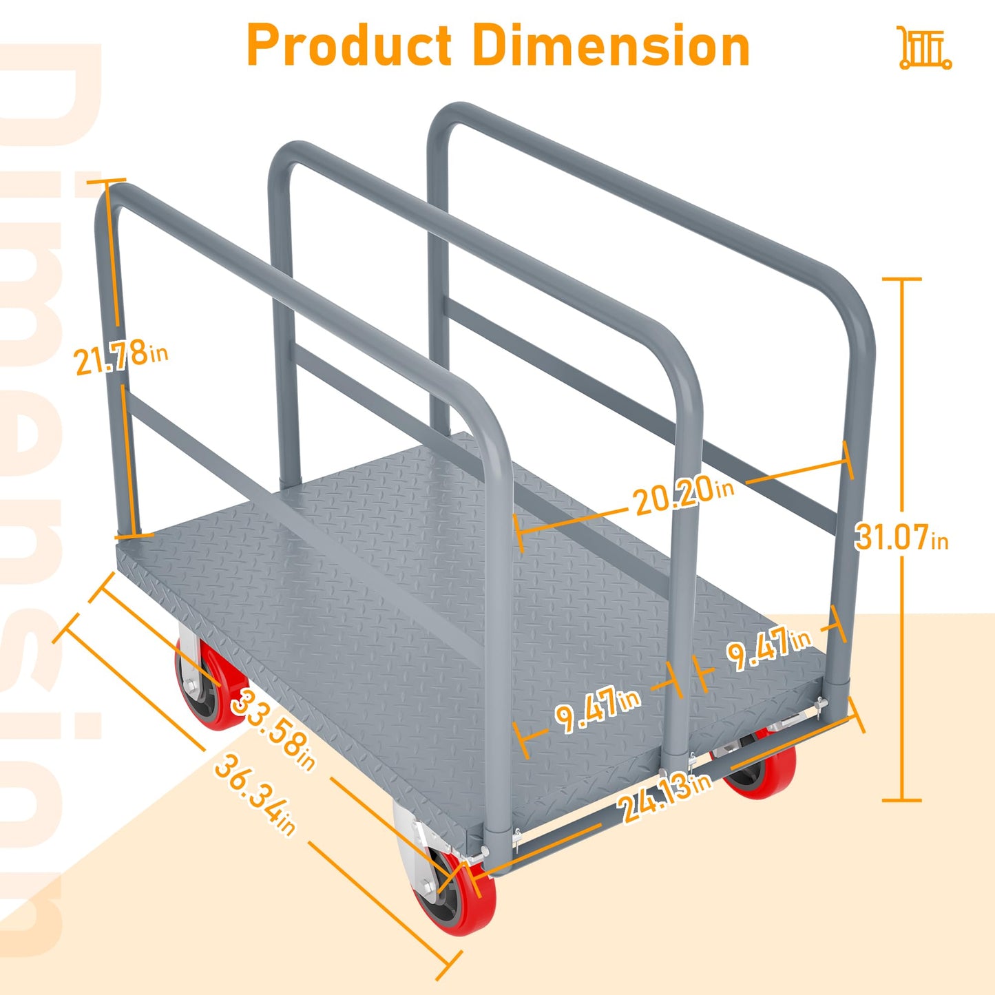 2 in 1 Panel Truck, 2000 LBS Panel Dolly Cart with 6" Swivel Casters and 36" x 24" Deck, Heavy-Duty Drywall Sheet Cart, Handling Wall Panel, Lumber for Garage, Warehouse (9.47 in (3 Side Handrails))