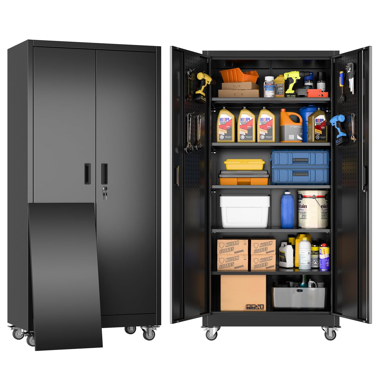 SUXXAN Heavy Duty Metal Storage Cabinet with Wheels and Pegboard, 71" Tall Industrial Steel Cabinet with 5 Adjustable Shelves & Locking Doors for Garage, Office, Pantry, Warehouse, Black