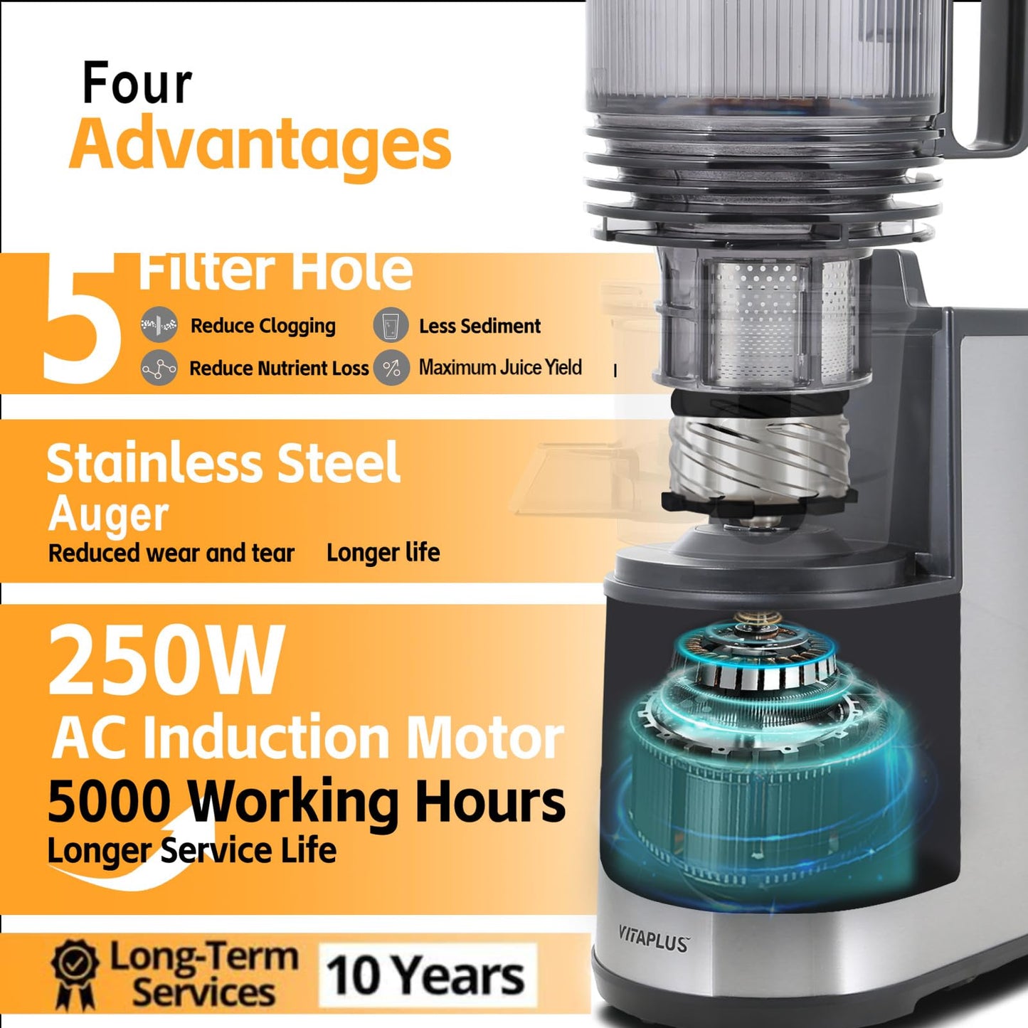 VITAPLUS Stainless Steel Auger Cold Press Juicer, AC Motor Slow Masticating Juicer, Plastic-Free Extractor for Whole Fruits & Vegetables, 5.8" Wide Chute, BPA-Free, Easy to Clean, FDA21 CFR Tested