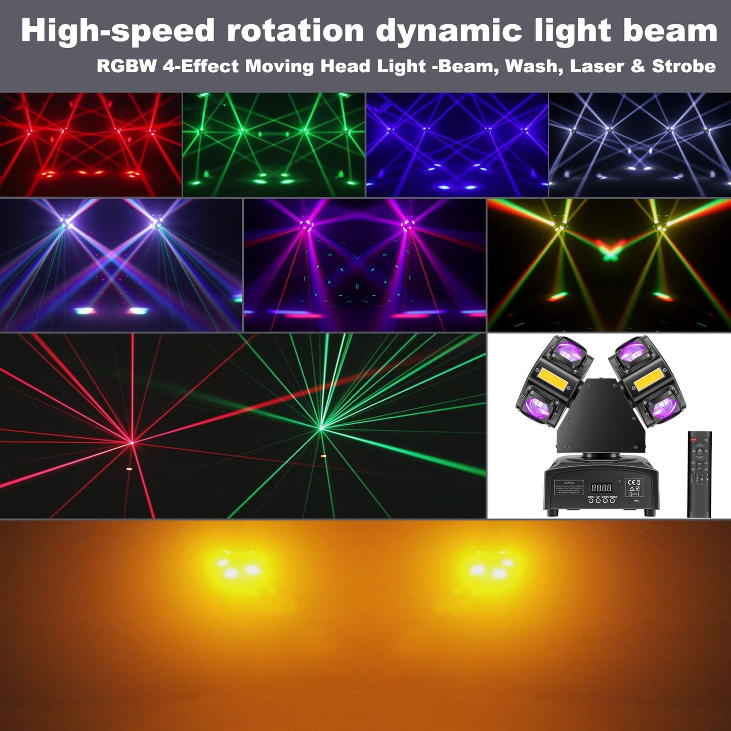 Double Head 4-in-1 RGB Moving Head DJ Light Dual Channel Independent Control RGB Beam Golden Strobe Effects Sound Activated DMX512 Stage Lights for DJ Bar Party Wedding Birthday Celebration