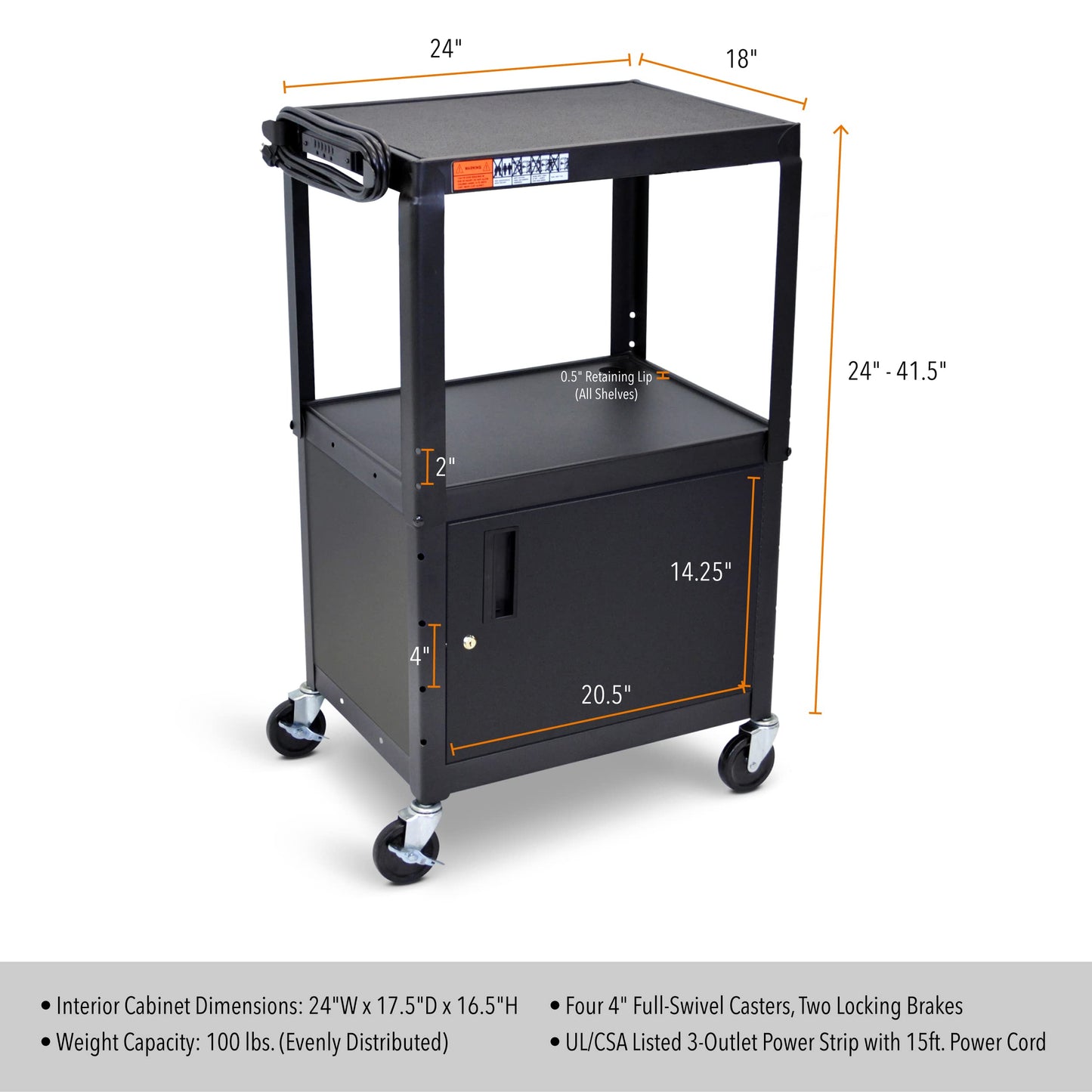 Line Leader AV Cart w/Locking Cabinet, Black Metal Utility Cart with Storage Shelf - Height Adjustable, Mobile and Great for Offices, Classrooms, Libraries (Black, 24in x 18in)