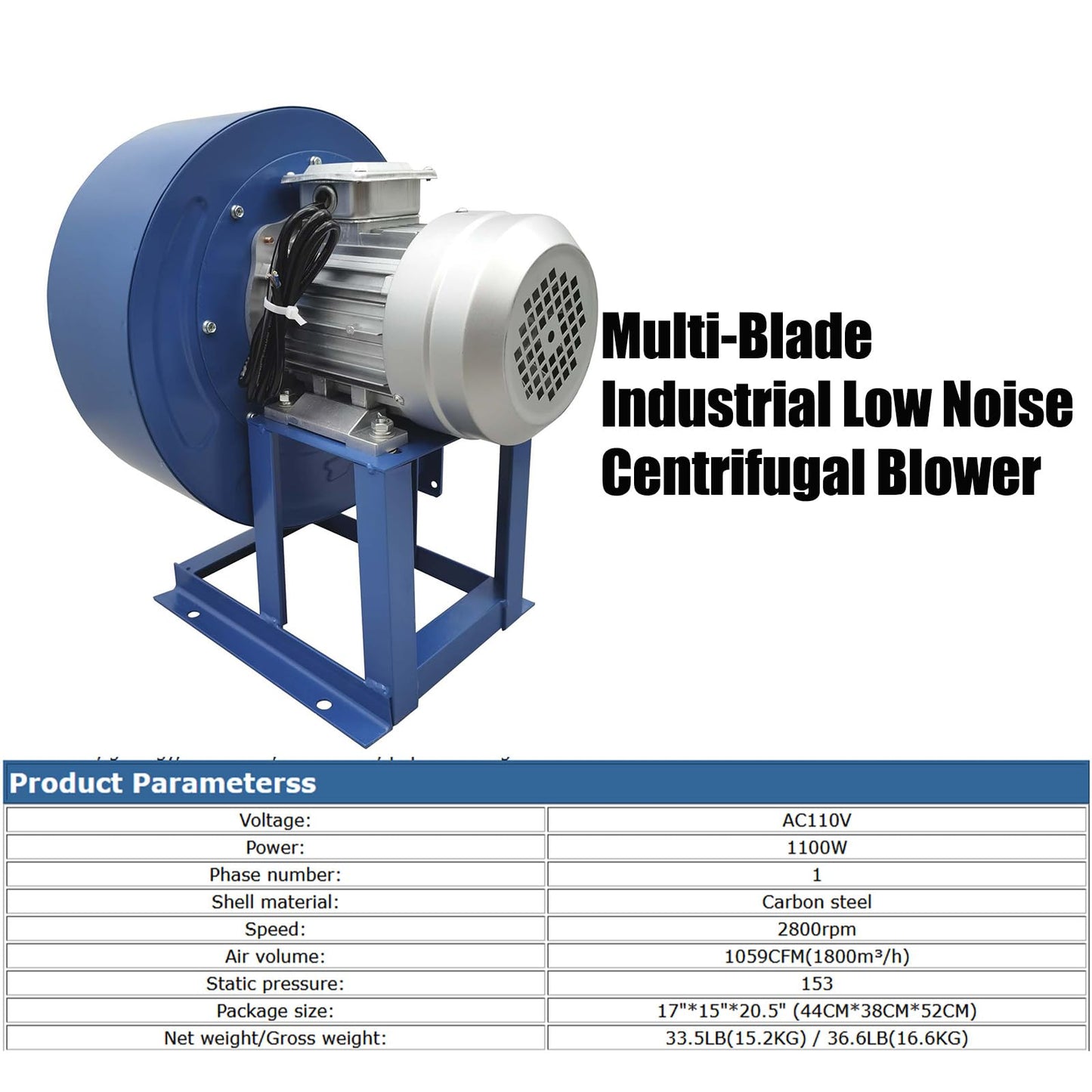 PreAsion Multi-blade Centrifugal Blower DF-8 Industrial Low Noise Centrifugal Blower 1059CFM Centrifugal Blower(110V 1100W with Support)