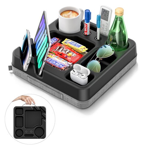 Couch Cup Holder Tray Couch Cup Holder Pillow Bed Tray Snack Sofa Bed Caddy Organizer Beach Sofa Drink Holder Anti-Spill Portable Snack Caddy Couch Remote Holder for Phone Pad Kindle Beverage Black