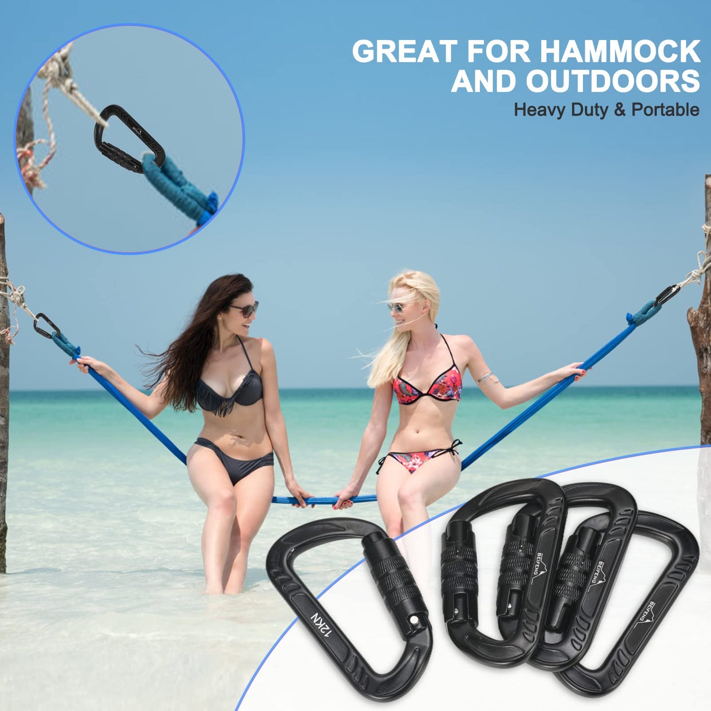 BEIFENG Heavy Duty Lightweight Locking Carabiner Clips D Ring for Camping Hiking Outdoor Gym etc, Carabiner with Lock Small Carabiners for Dog Leash & Harness (Auto Locking Black-4Pcs)