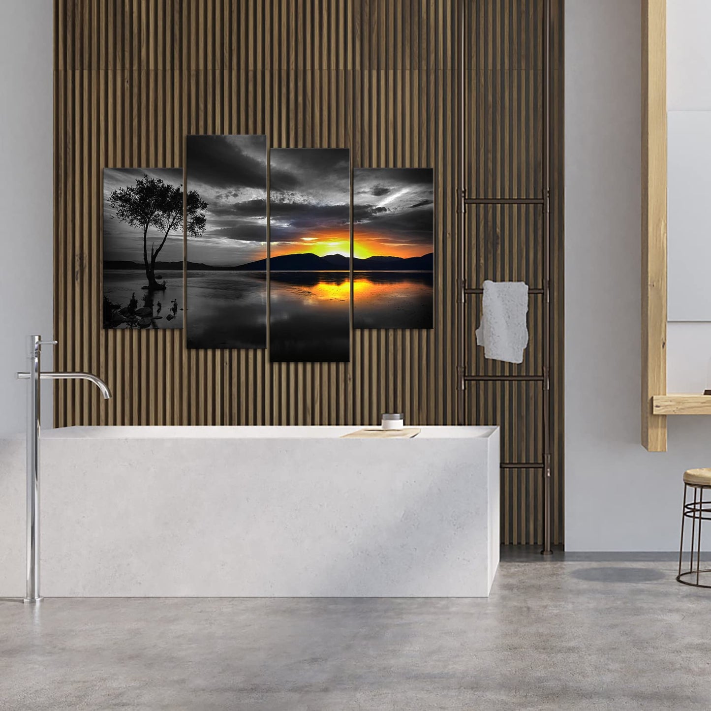 Biuteawal 4 Piece Black and White Wall Art Golden Sunset on Lake Picture Painting Lonely Tree Photo Print on Canvas Nature Landscape Poster Living Room Bedroom Decor Framed Ready to Hang
