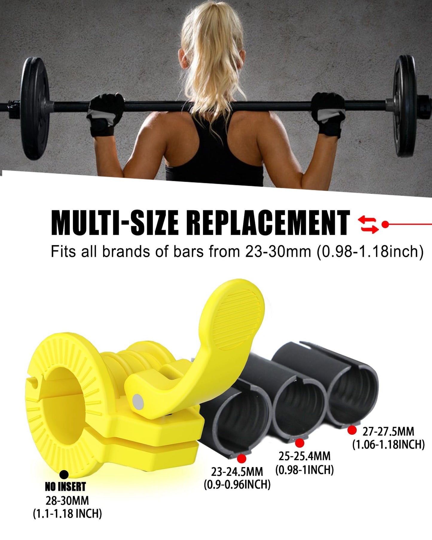 ZY-HUAN Barbell Clips 1 inch Barbell Clamps 0.9-1.18inch Quick Release Weight Clips for Bars Multi-Size Adjustable Olympic Barbell Clamps (Yellow)