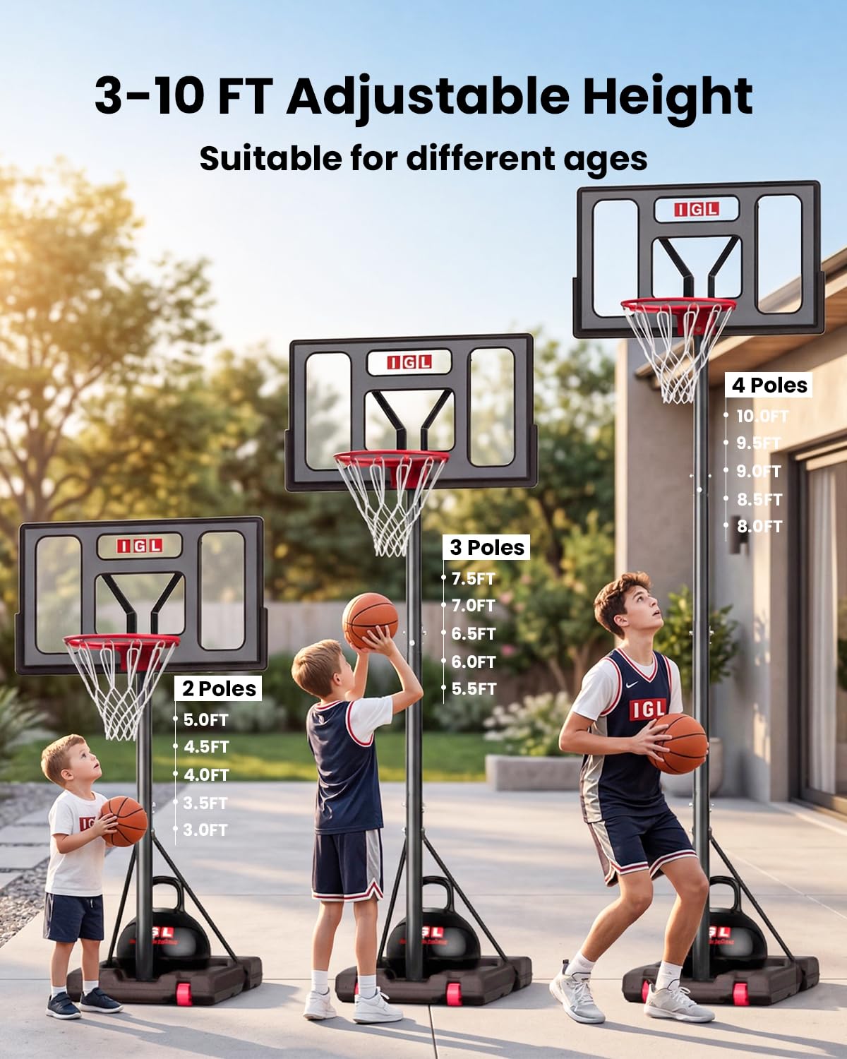 IGL Portable Basketball Hoop for Backyard, Driveway | 3-10ft Adjustable Height for Kids Teens & Adults | 40" Polycarbonate Backboard, Fillable Base for Stability & Easy Mobility on Wheels