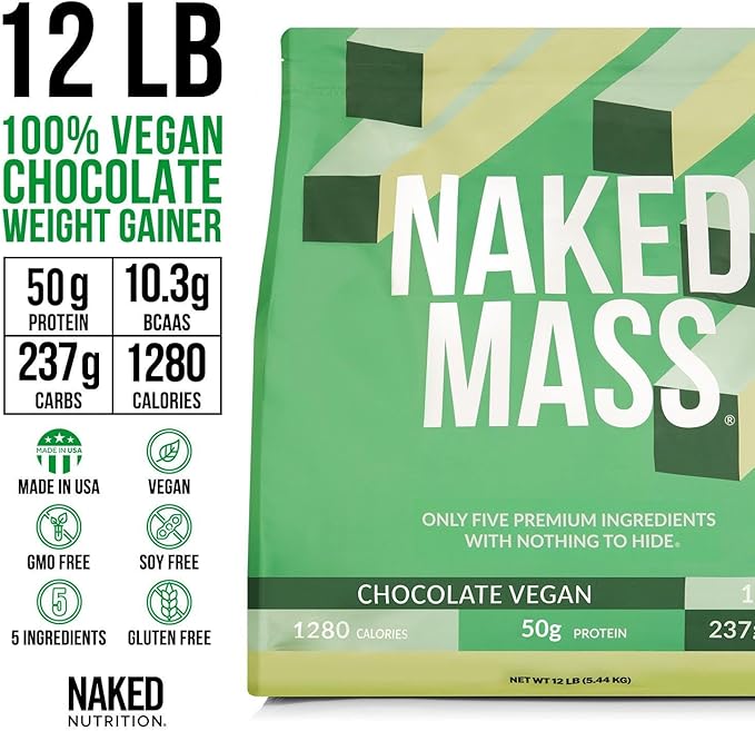 NAKED Vegan Mass - Chocolate Vegan Weight Gainer - 1,280 Calories, Non-GMO, Soy & Gluten Free, No Artificial Ingredients - 12LB Bulk - 17 Servings