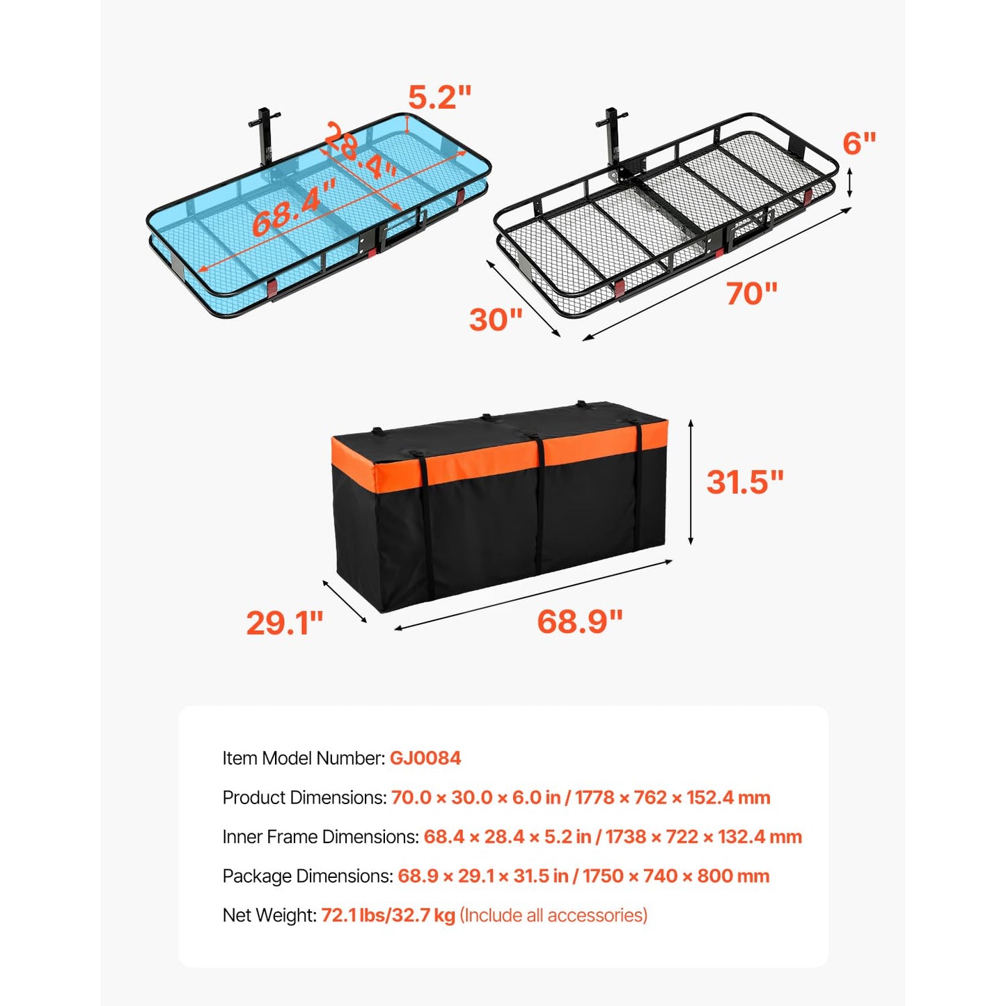 VEVOR 70" x 30" x 6", Hitch Cargo Carrier, 500 lbs Capacity with Ratchet Straps & Cargo Bag, Folding Hitch Mount Cargo Carrier Basket with Hitch Lock for 2" Receiver, Fit for SUVs