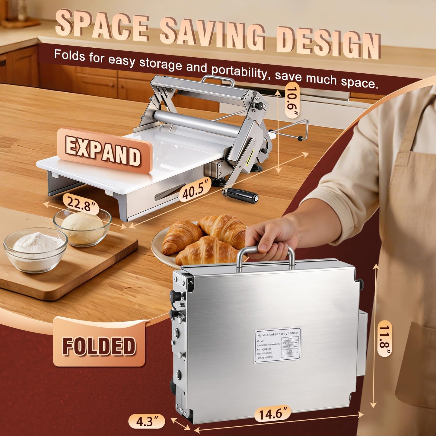 Folding Dough Sheeter 12" Dough Roller Machine Adjustable Thickness Stainless Steel Pastry Sheeter for Pizza, Croissant, Puff Pastry, Fondant and Home Baking