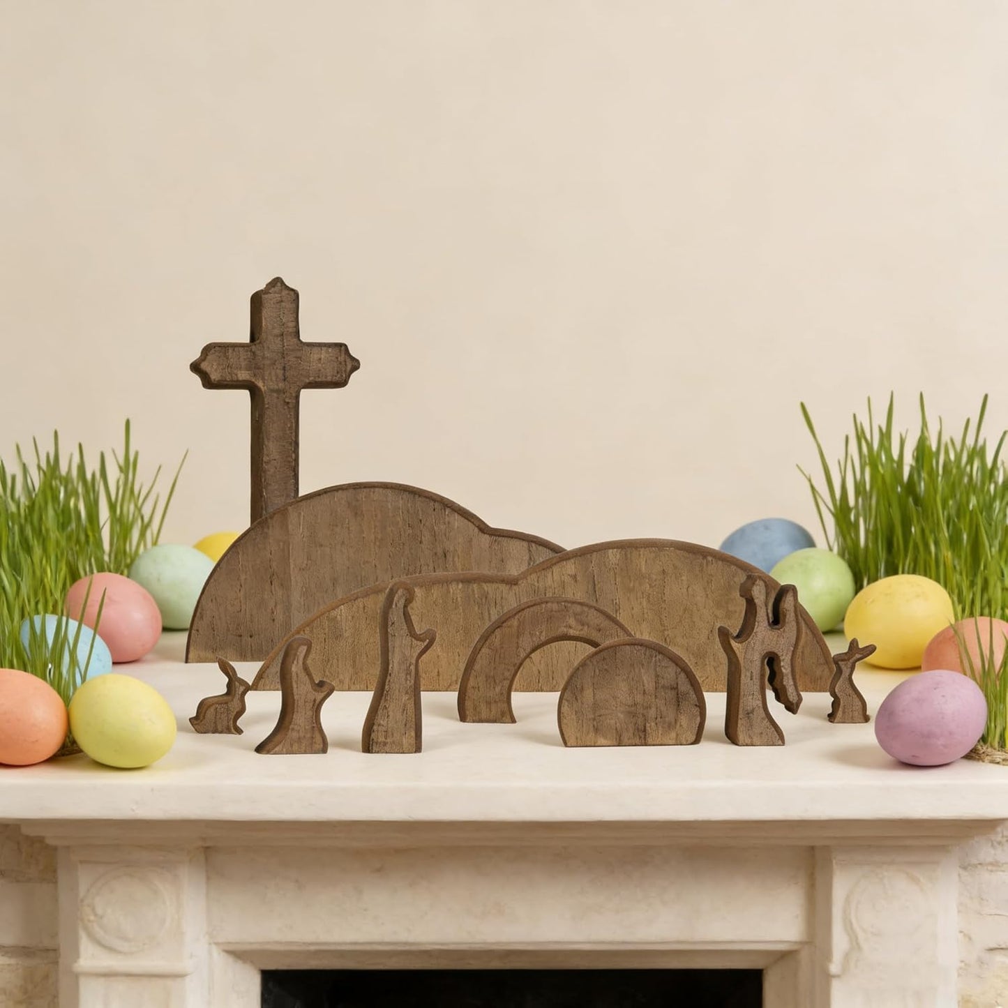 TW SHINE Easter Scene Decoration - Wooden Empty Tomb & Cross Tray Set for Home or Office